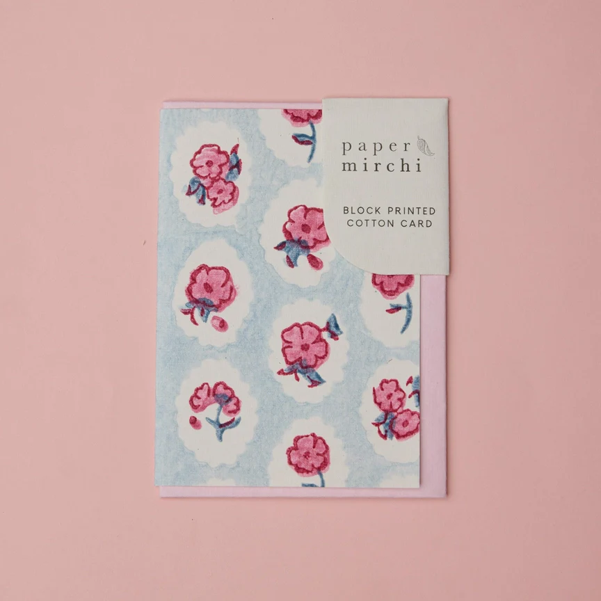 Hand Block Printed Greeting Card Scallop Tiles Pink Sorbet - Image 2