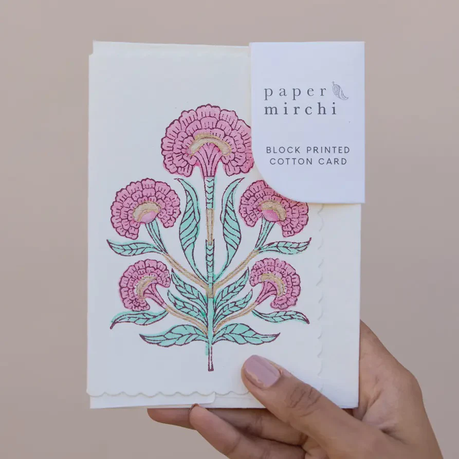 Hand Block Printed Greeting Card - Poppy Mint Rose