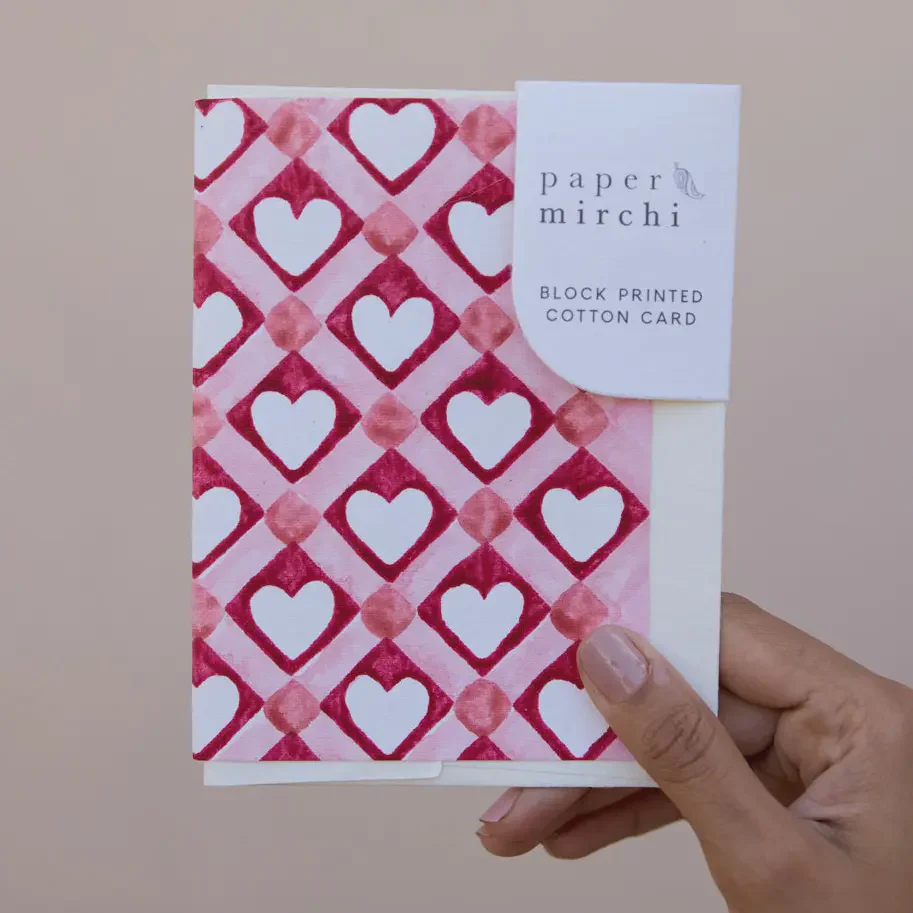 Hand Block Printed Greeting Card - Red Checks Heart