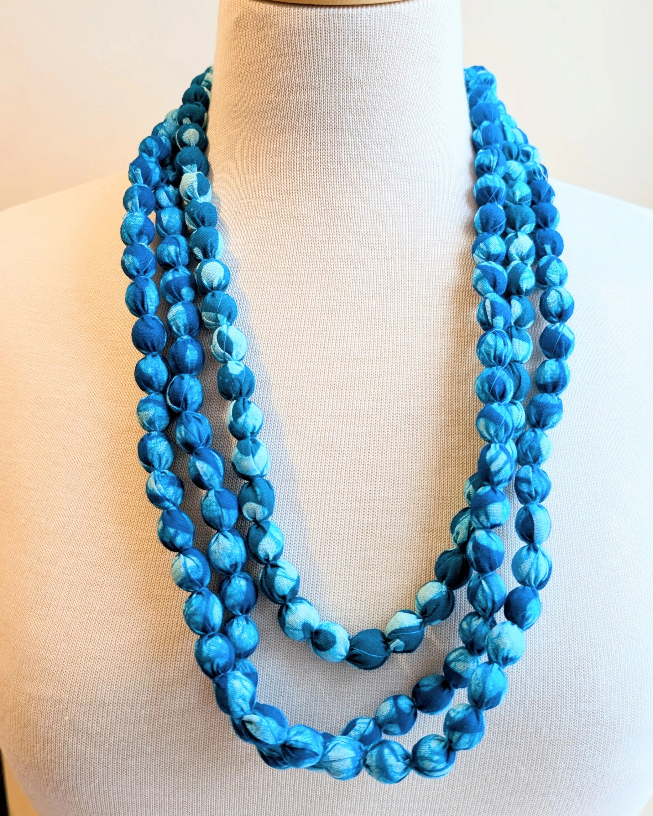 Indian Fabric Handmade Beaded Necklace Aqua Blue - Image 2