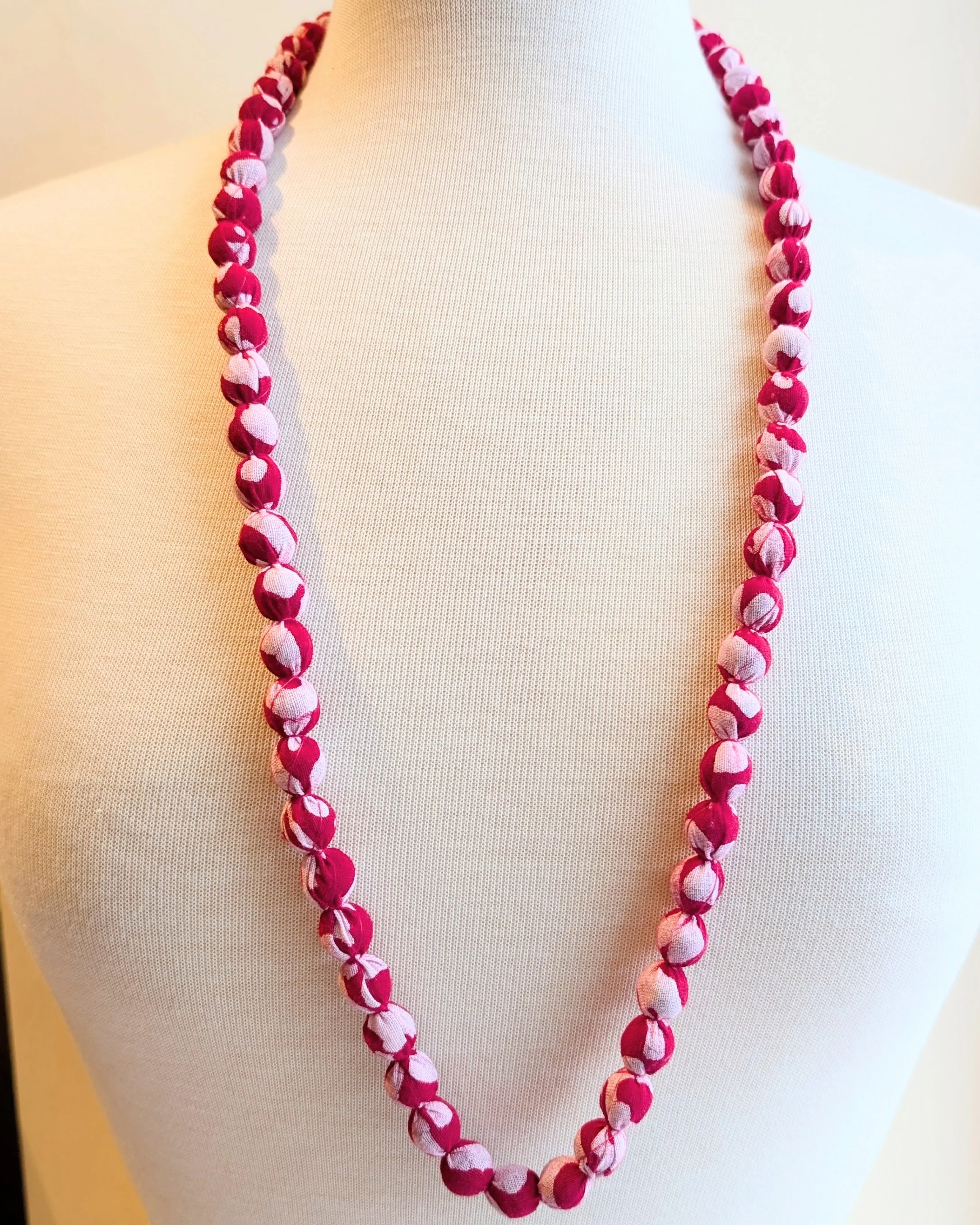 Indian Fabric Handmade Beaded Necklace Red & White