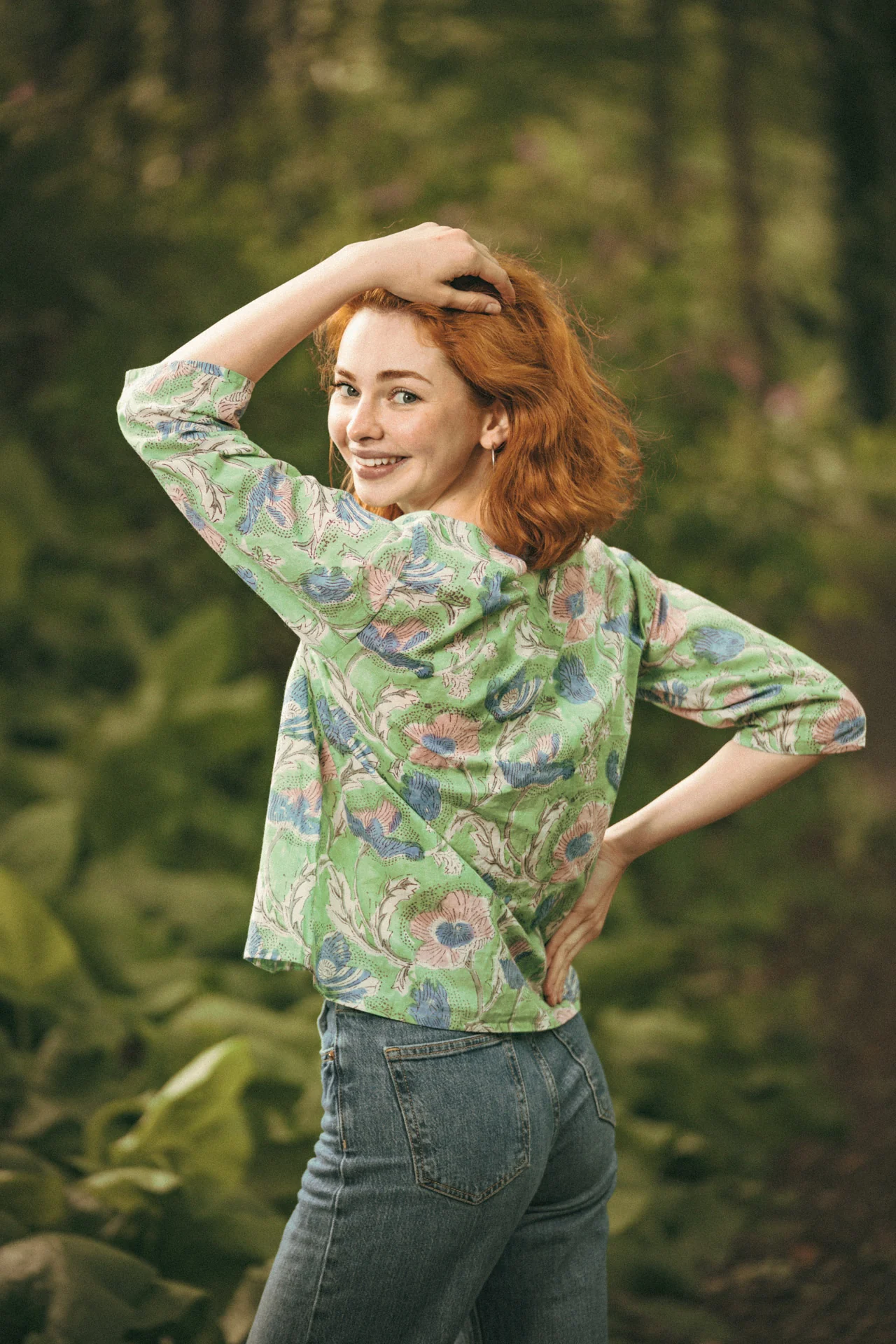 Janis Green & Blue Floral Block Print Cotton Blouse Short Length - Image 2