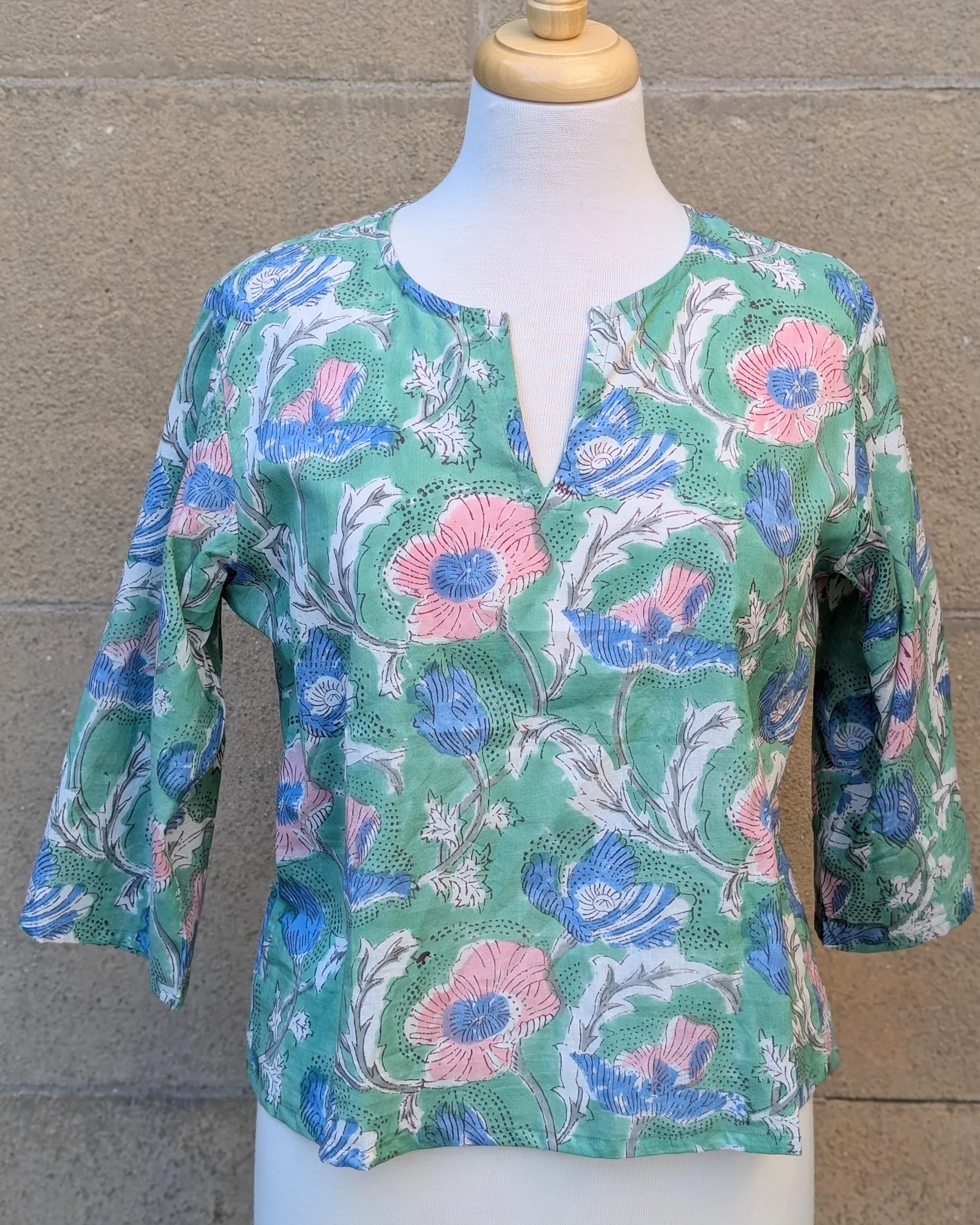 Janis Green & Blue Floral Block Print Cotton Blouse Short Length - Image 3