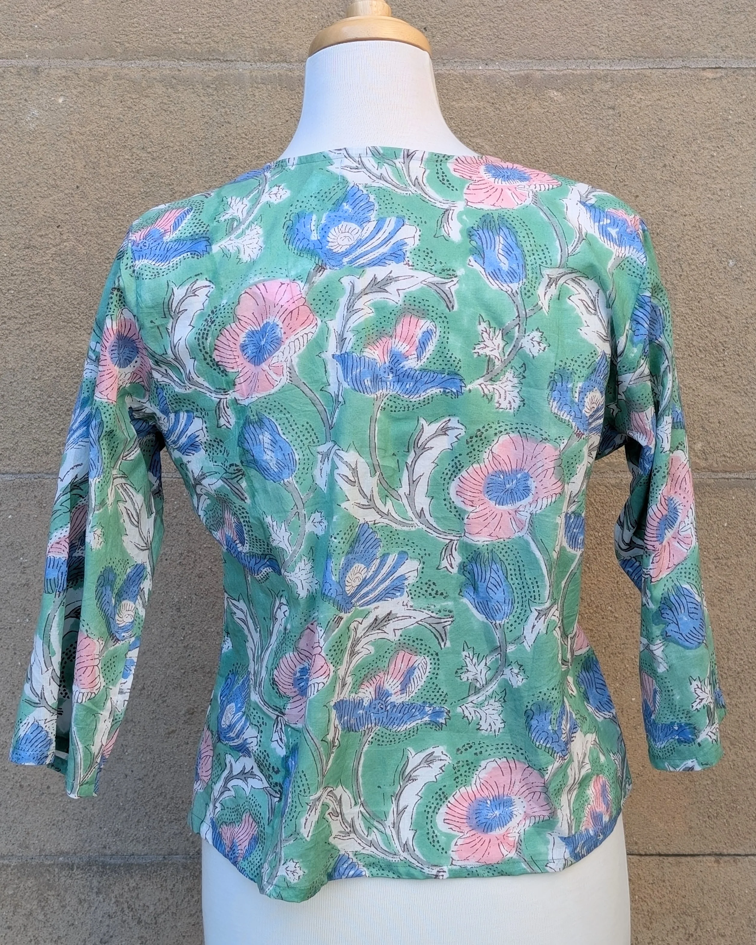Janis Green & Blue Floral Block Print Cotton Blouse Short Length - Image 4