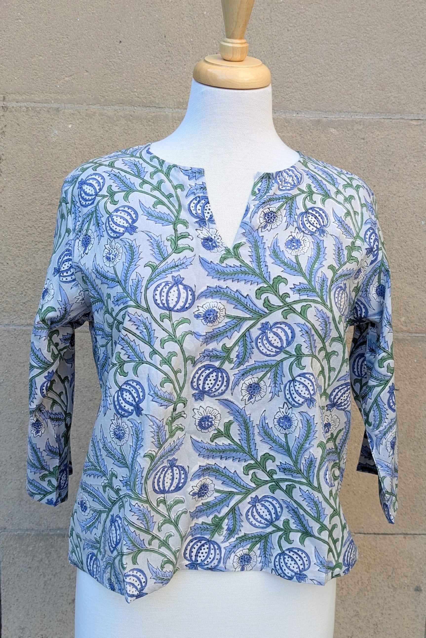 Janis Grey & Blue Floral Block Print Cotton Blouse