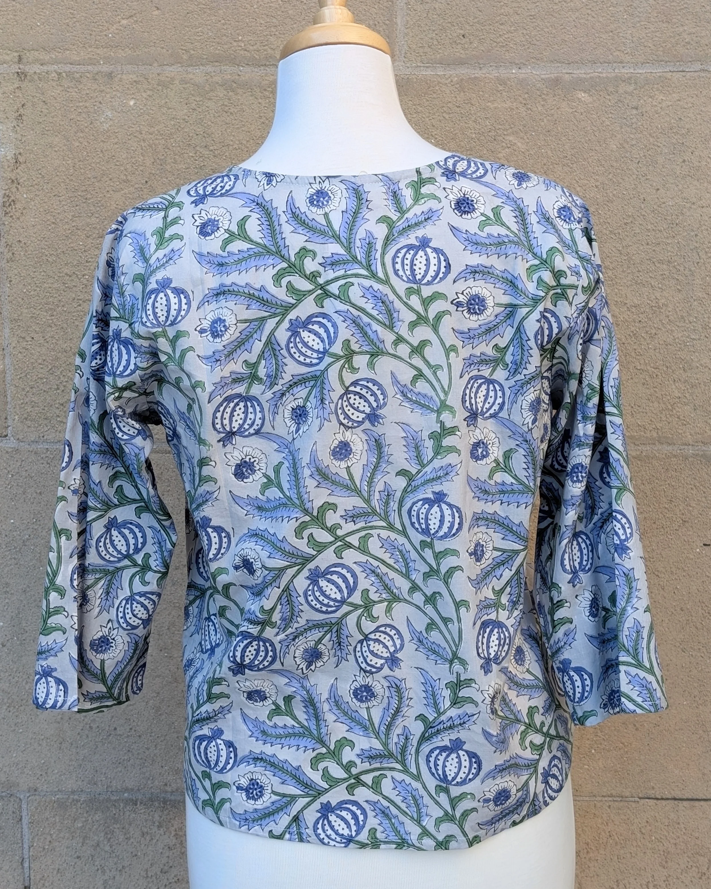 Janis Grey & Blue Floral Block Print Cotton Blouse - Image 3