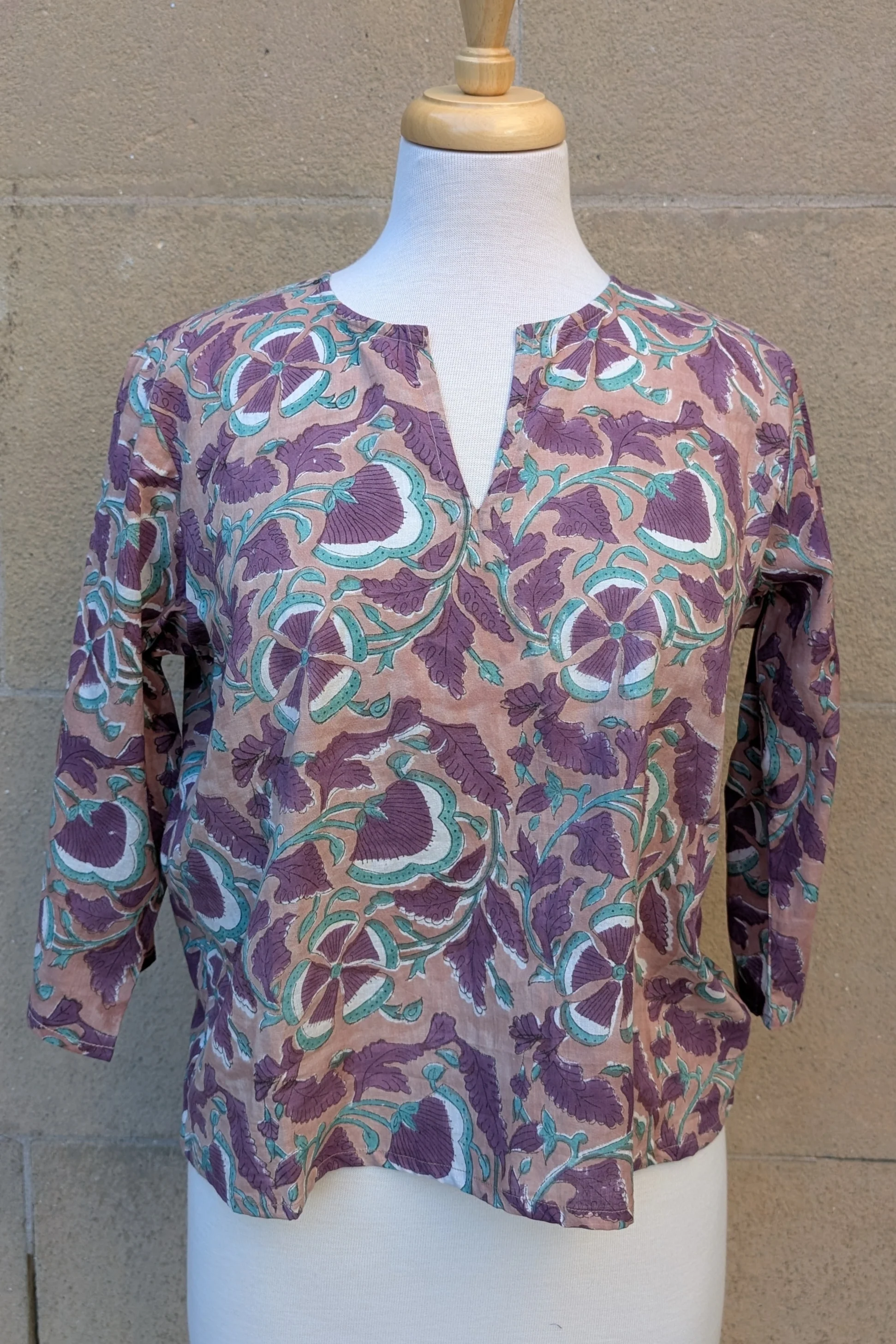 Janis Taupe & Purple Floral Block Print Cotton Blouse Short Length