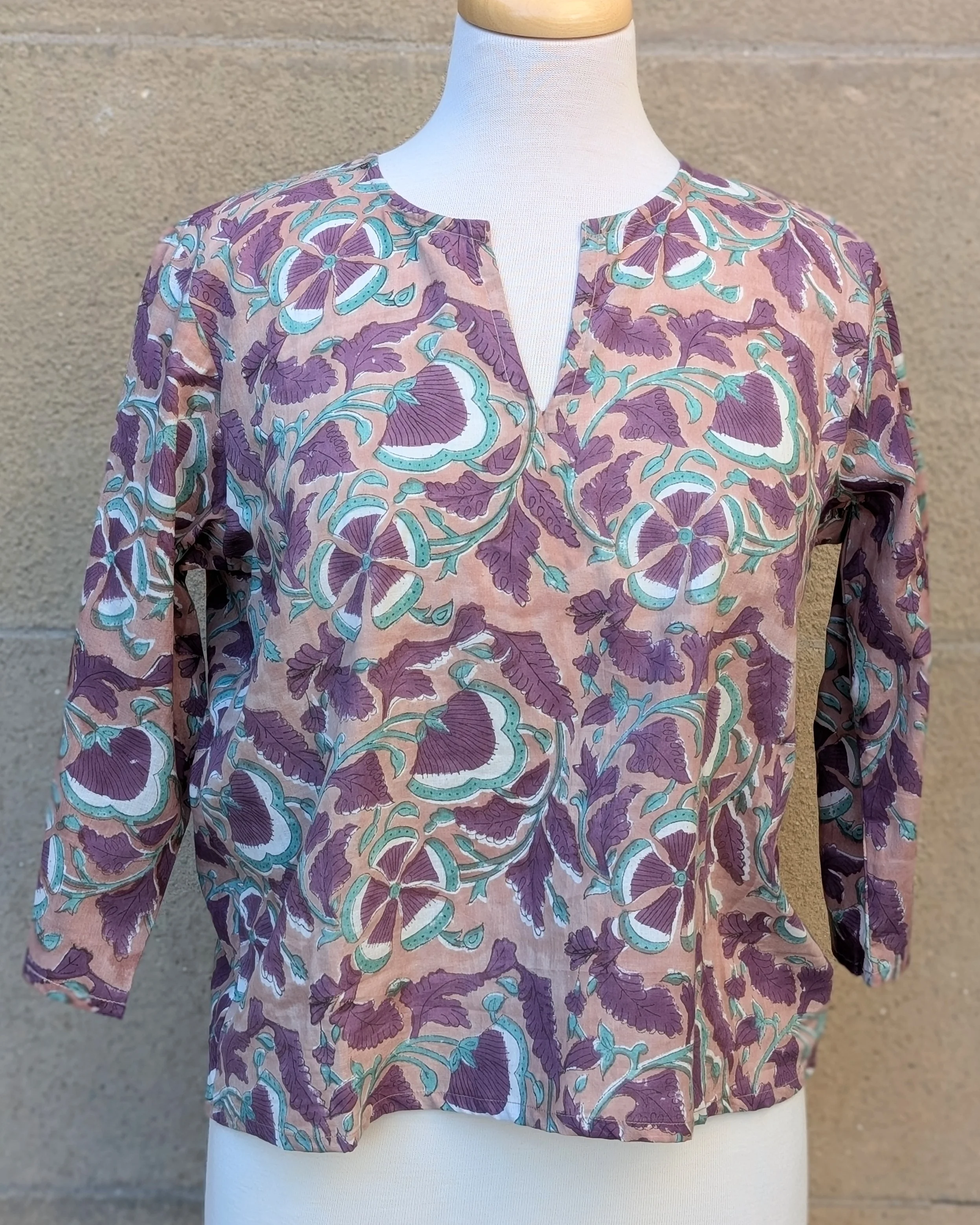 Janis Taupe & Purple Floral Block Print Cotton Blouse Short Length - Image 2