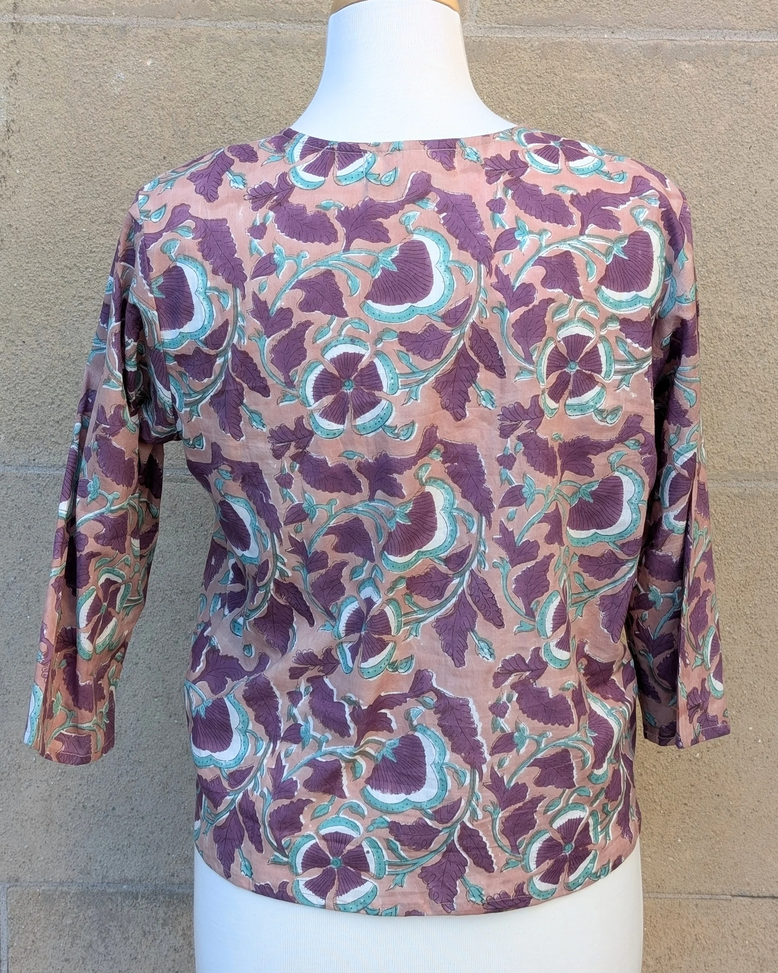 Janis Taupe & Purple Floral Block Print Cotton Blouse Short Length - Image 3