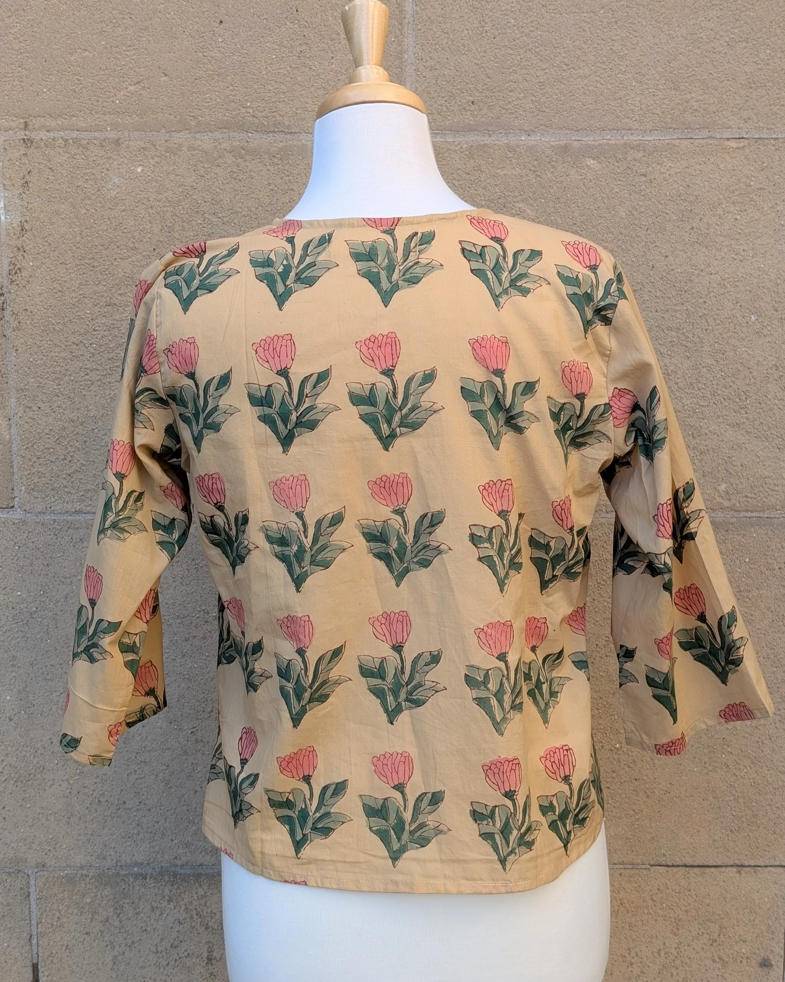 Janis Yellow & Pink Flower Block Print Cotton Blouse Short Length - Image 3
