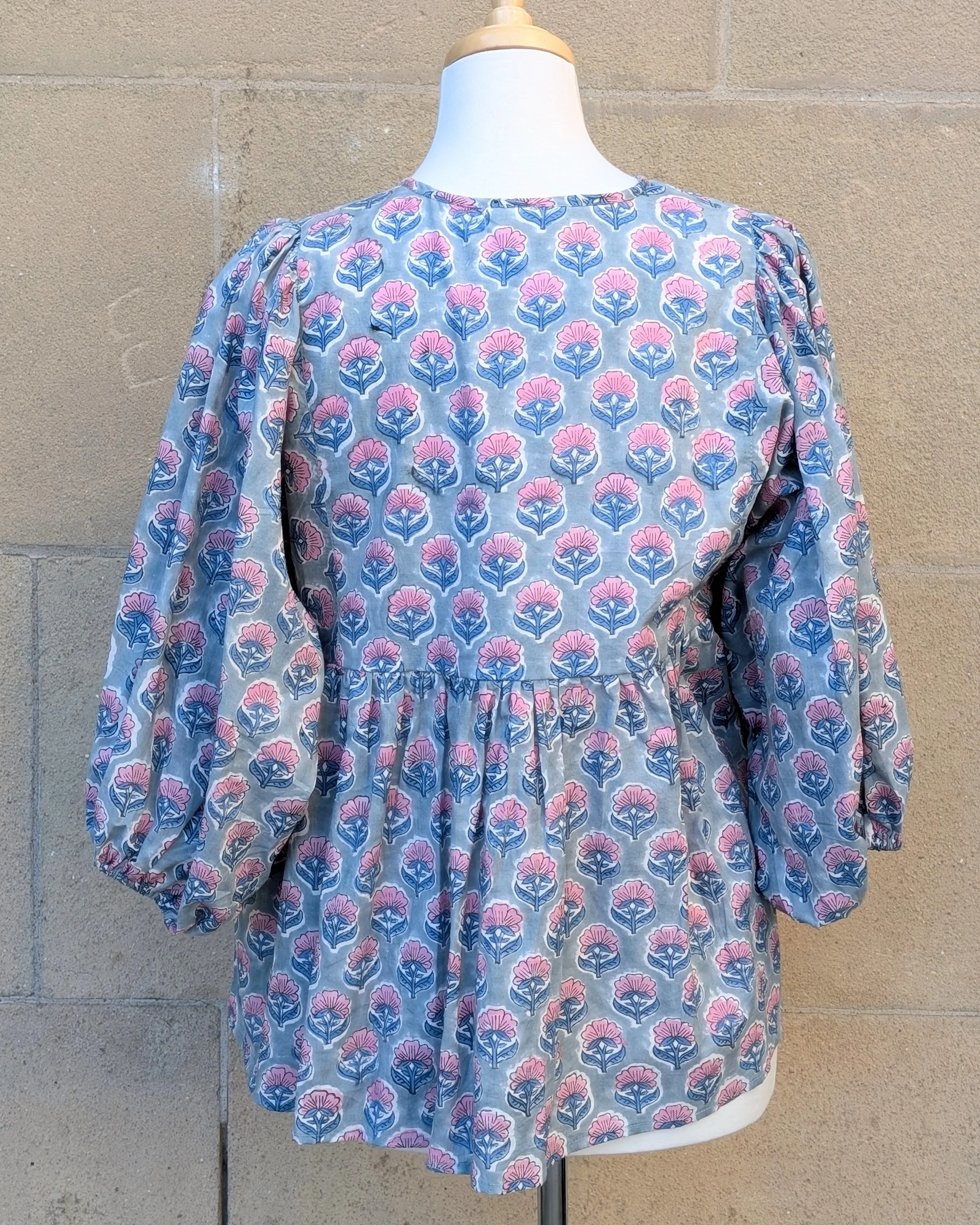 Joni Blue Pink Floral Block Print Peasant Cotton Blouse - Image 2