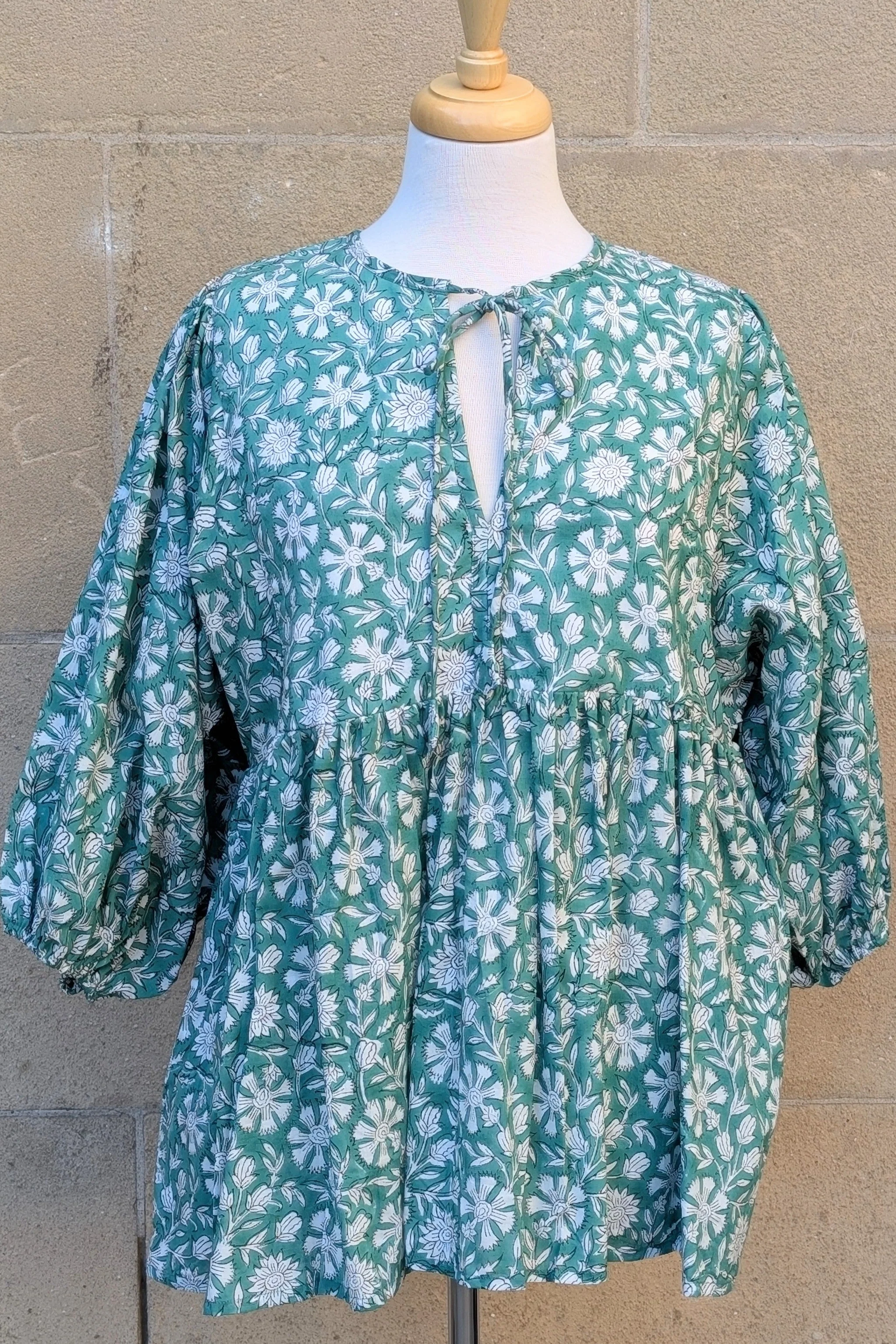 Joni Green & White Floral Block Print Peasant Cotton Blouse
