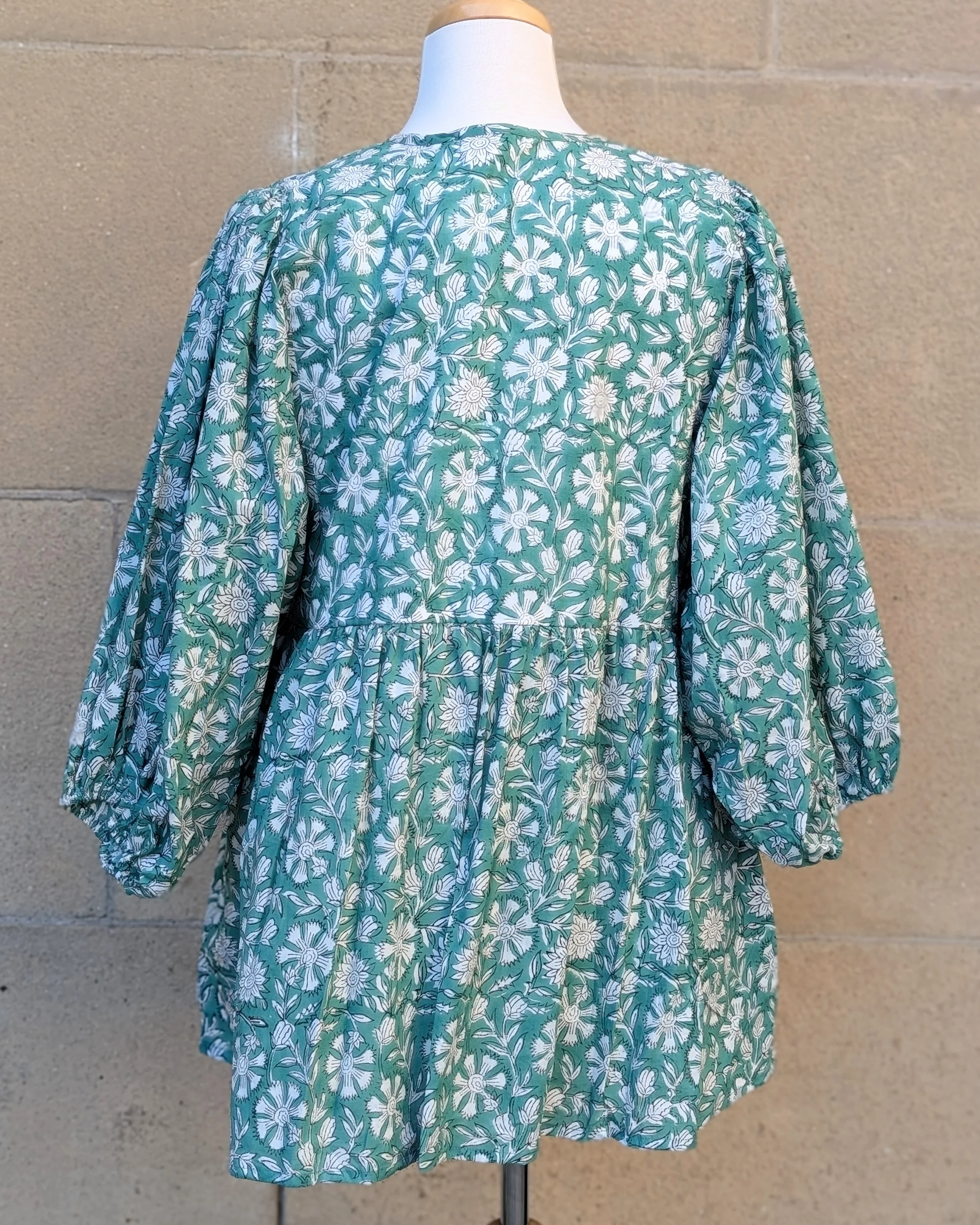 Joni Green & White Floral Block Print Peasant Cotton Blouse - Image 2