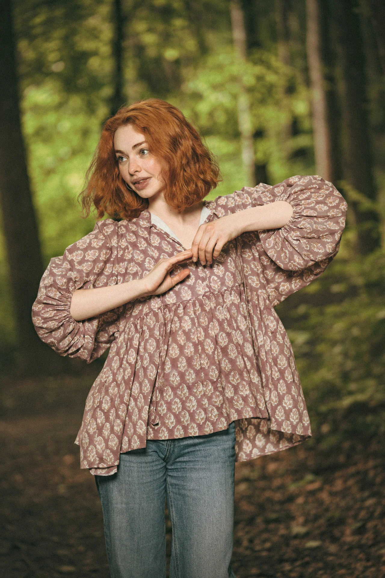 Joni Mauve Floral Block Print Peasant Cotton Blouse - Image 3