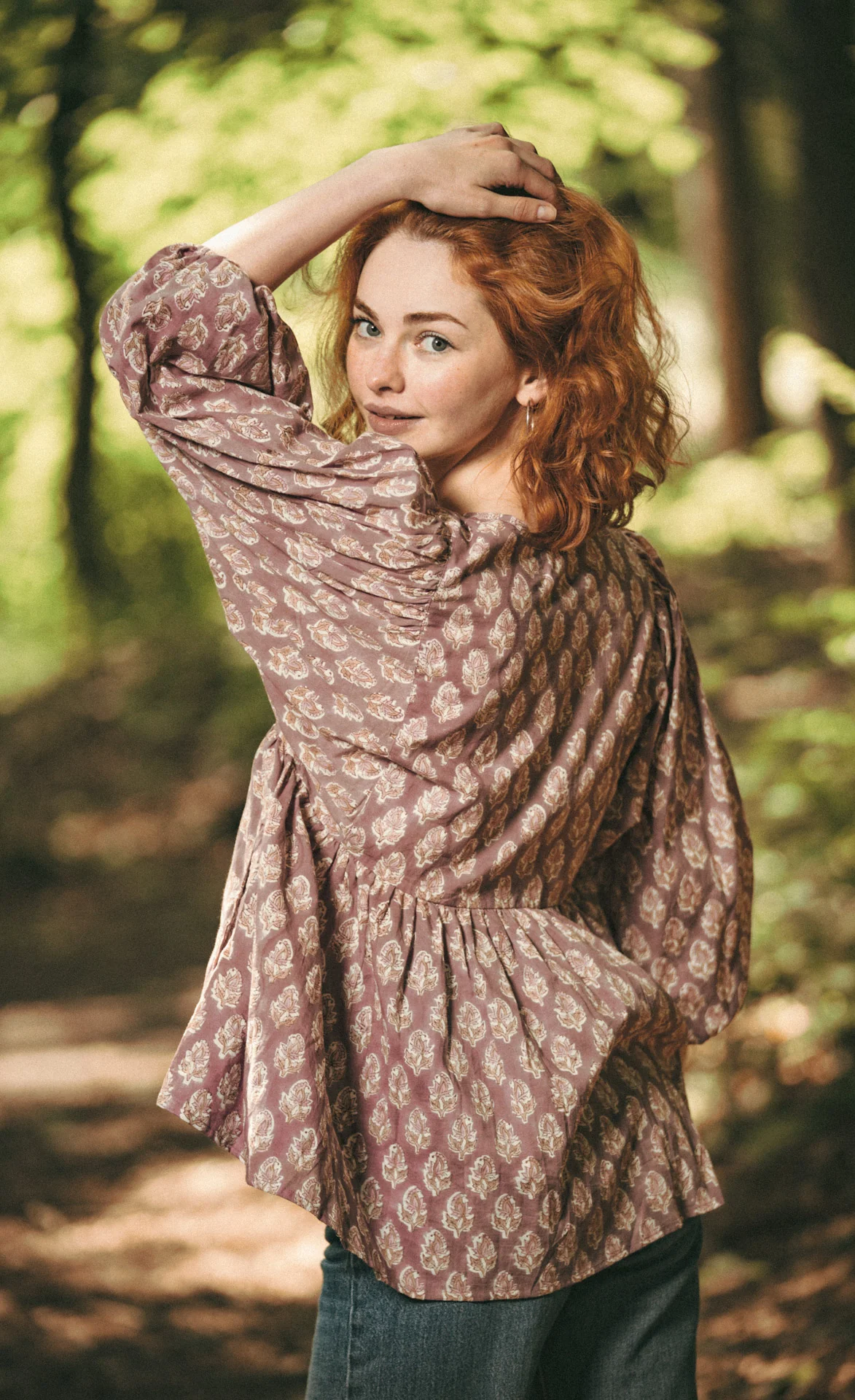 Joni Mauve Floral Block Print Peasant Cotton Blouse - Image 4