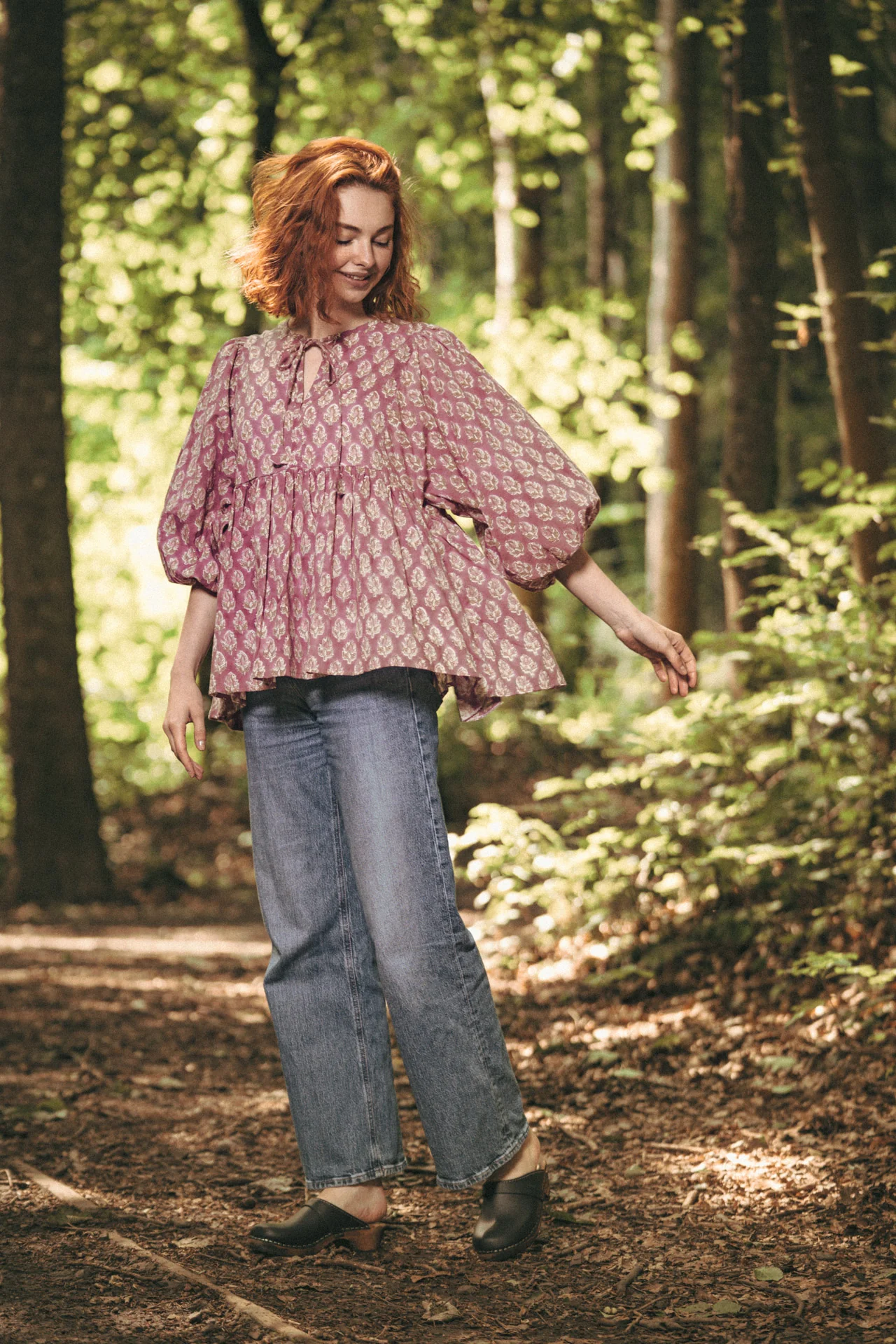Joni Mauve Floral Block Print Peasant Cotton Blouse - Image 5