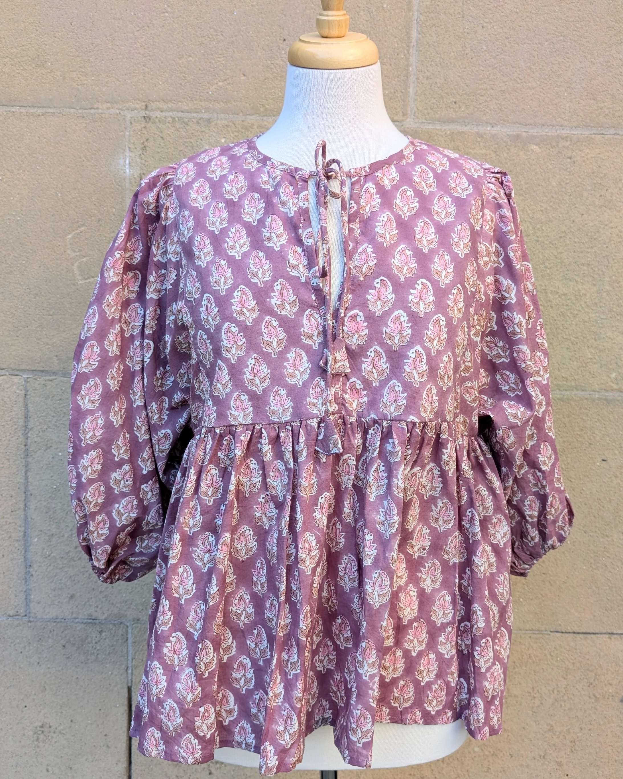 Joni Mauve Floral Block Print Peasant Cotton Blouse - Image 6