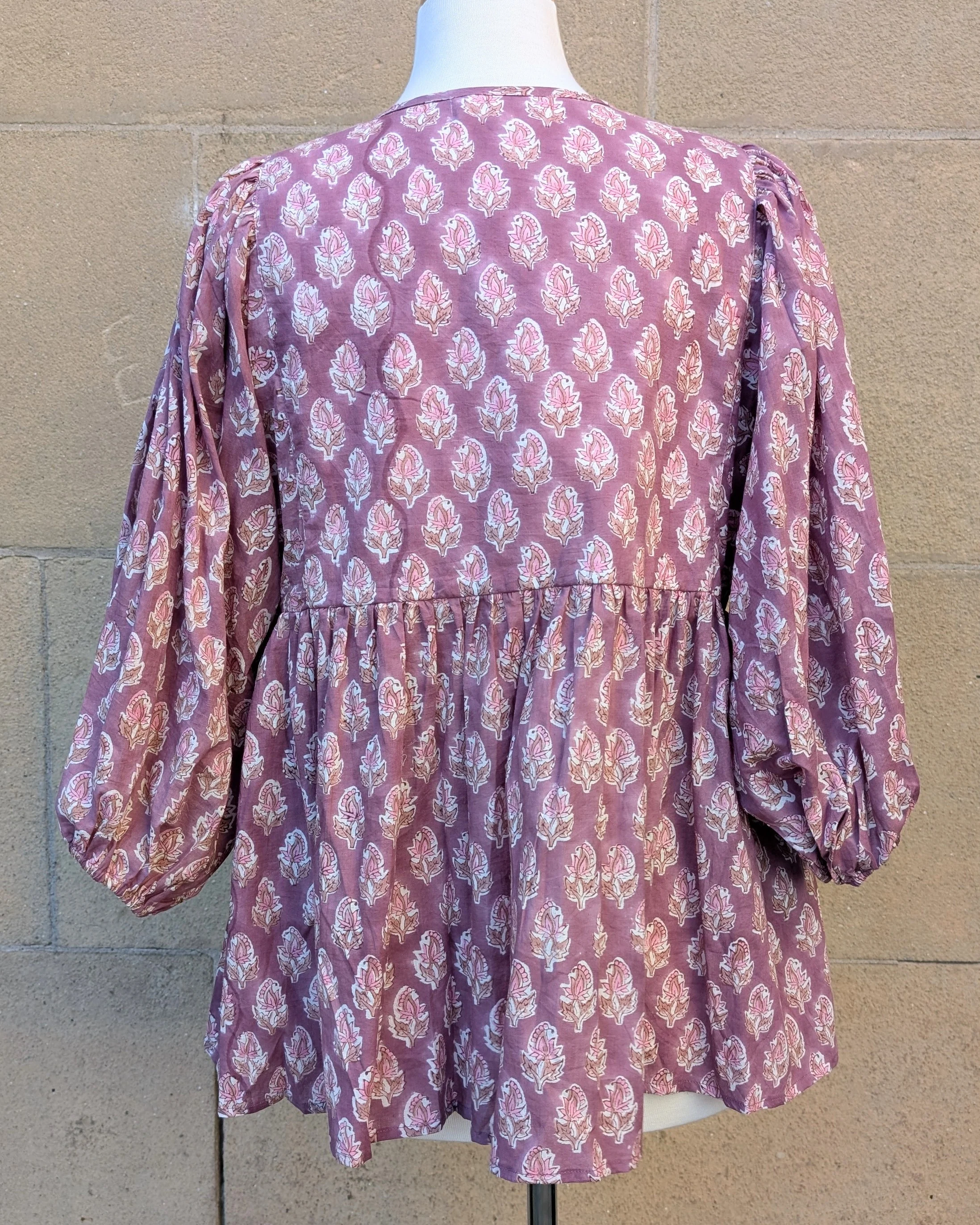 Joni Mauve Floral Block Print Peasant Cotton Blouse - Image 7