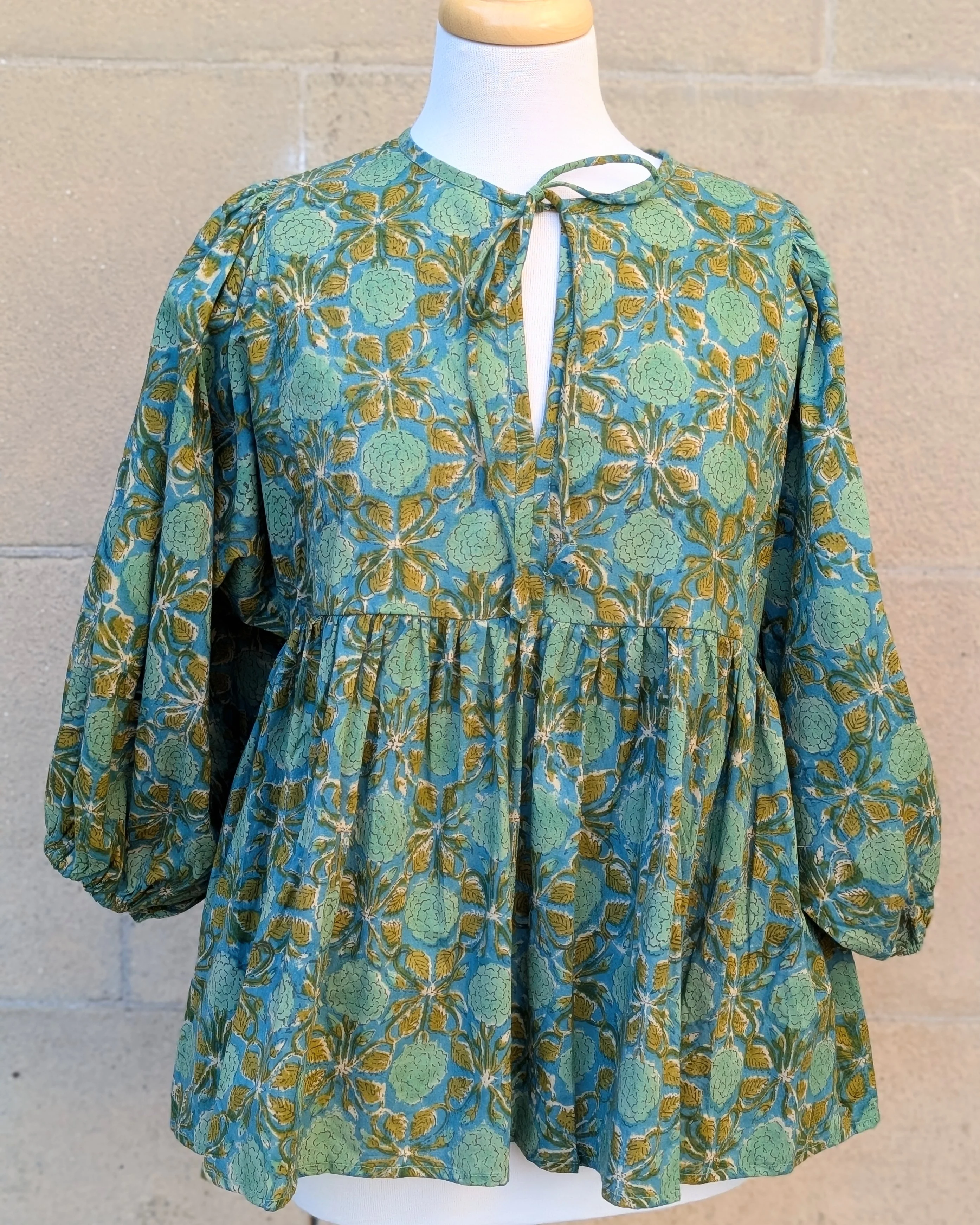 Joni Teal Green Floral Block Print Peasant Cotton Blouse - Image 2