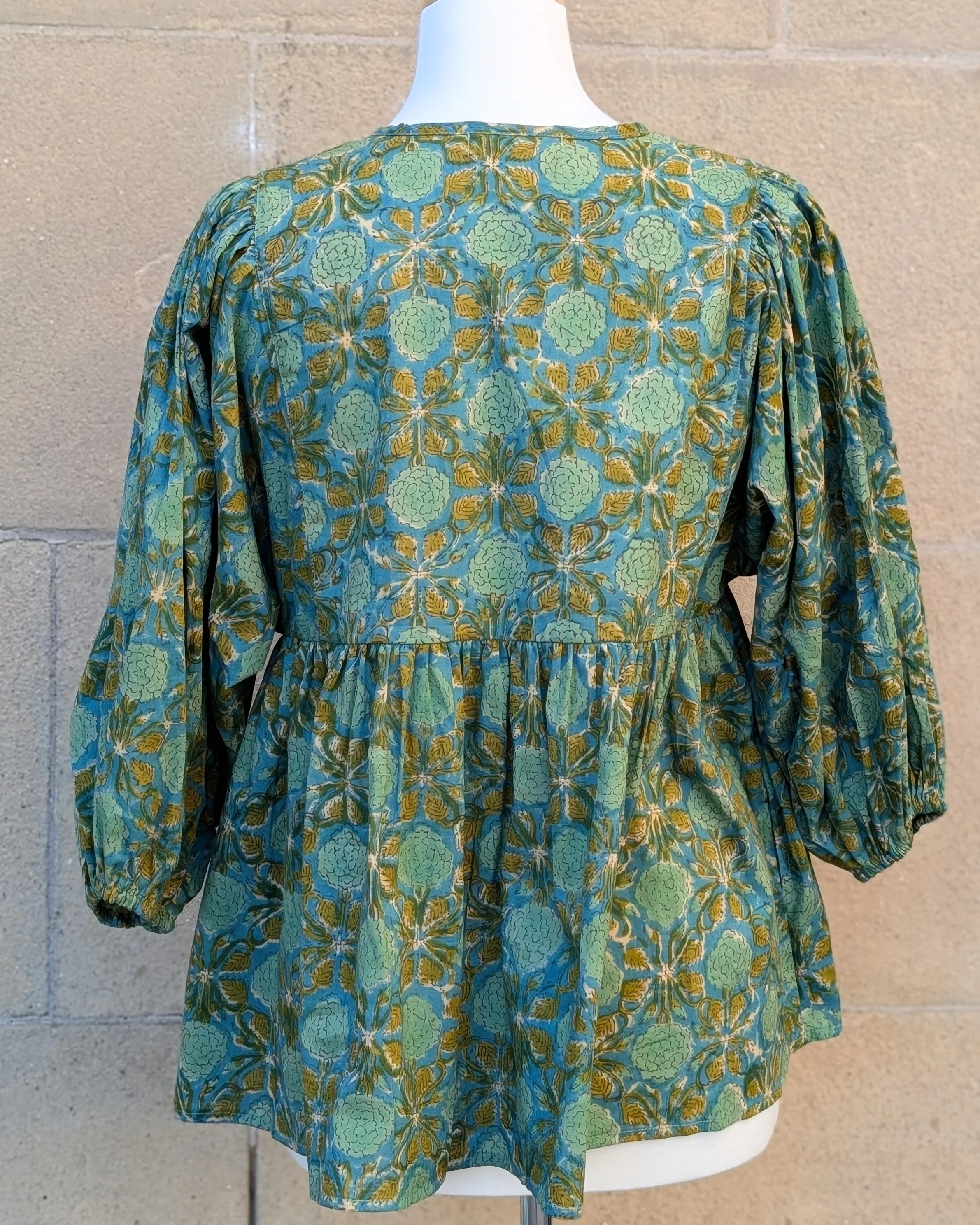 Joni Teal Green Floral Block Print Peasant Cotton Blouse - Image 3