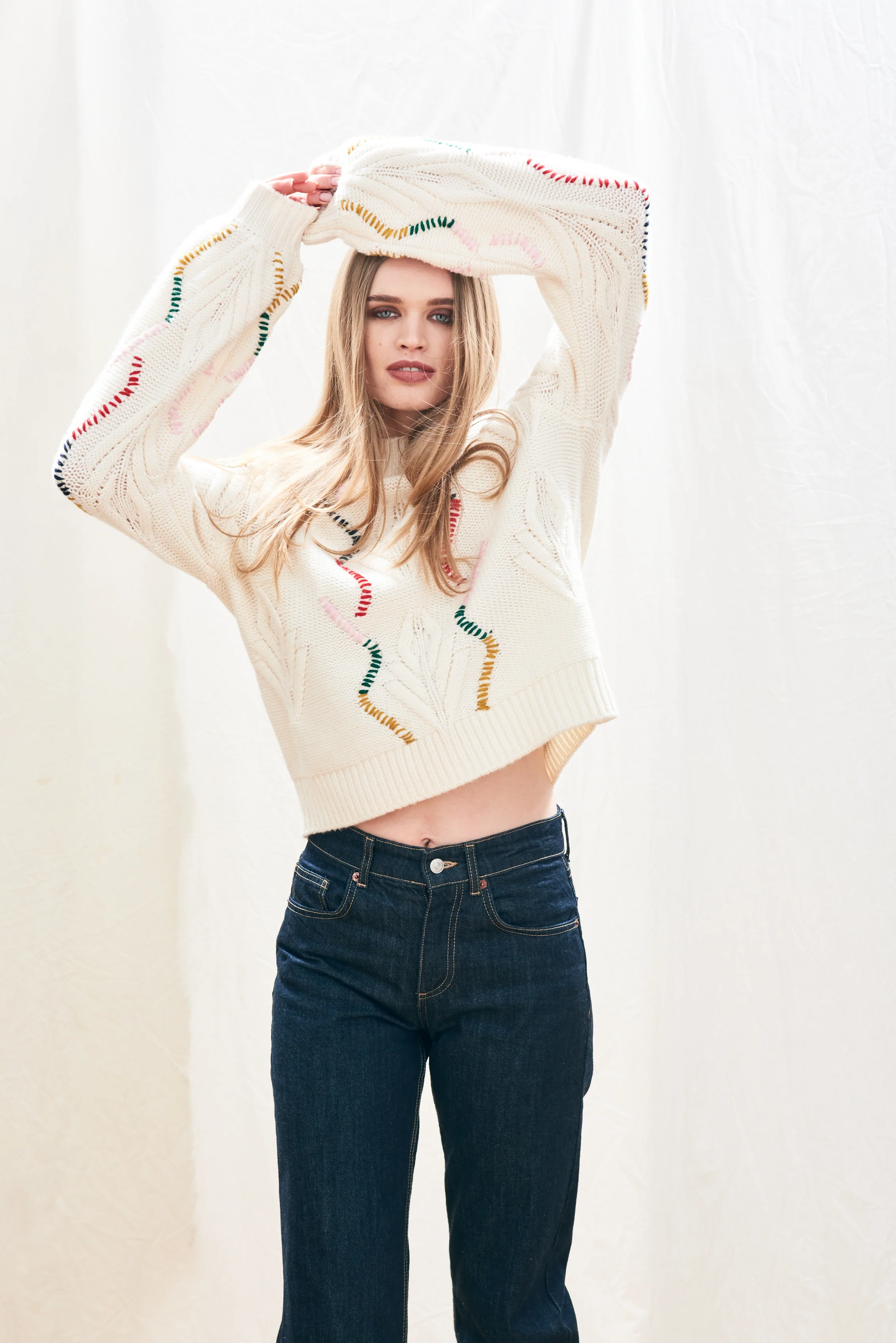 Jumper 1234 Overstitch Cream Cable Turtle Knit - Image 2