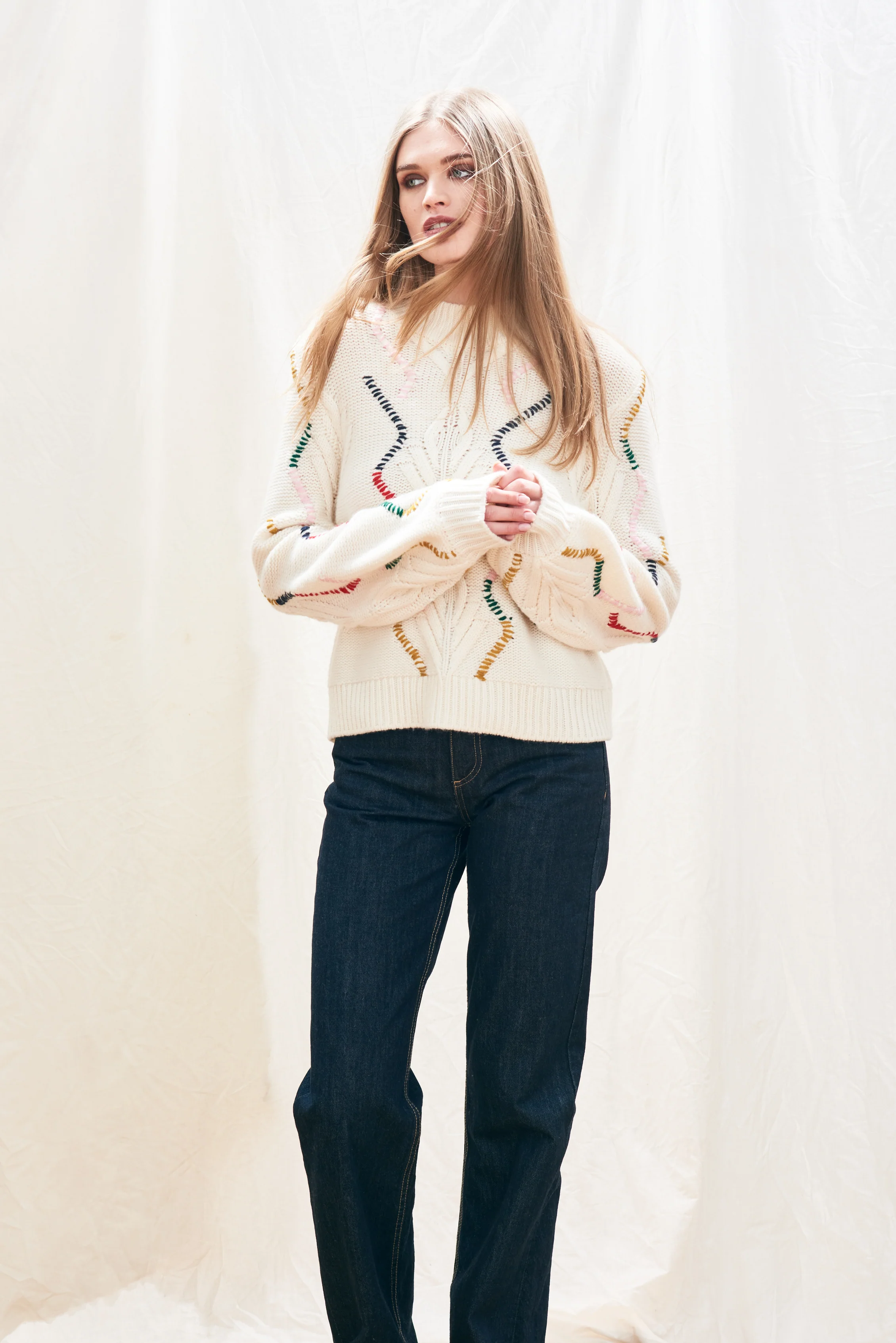 Jumper 1234 Overstitch Cream Cable Turtle Knit - Image 3