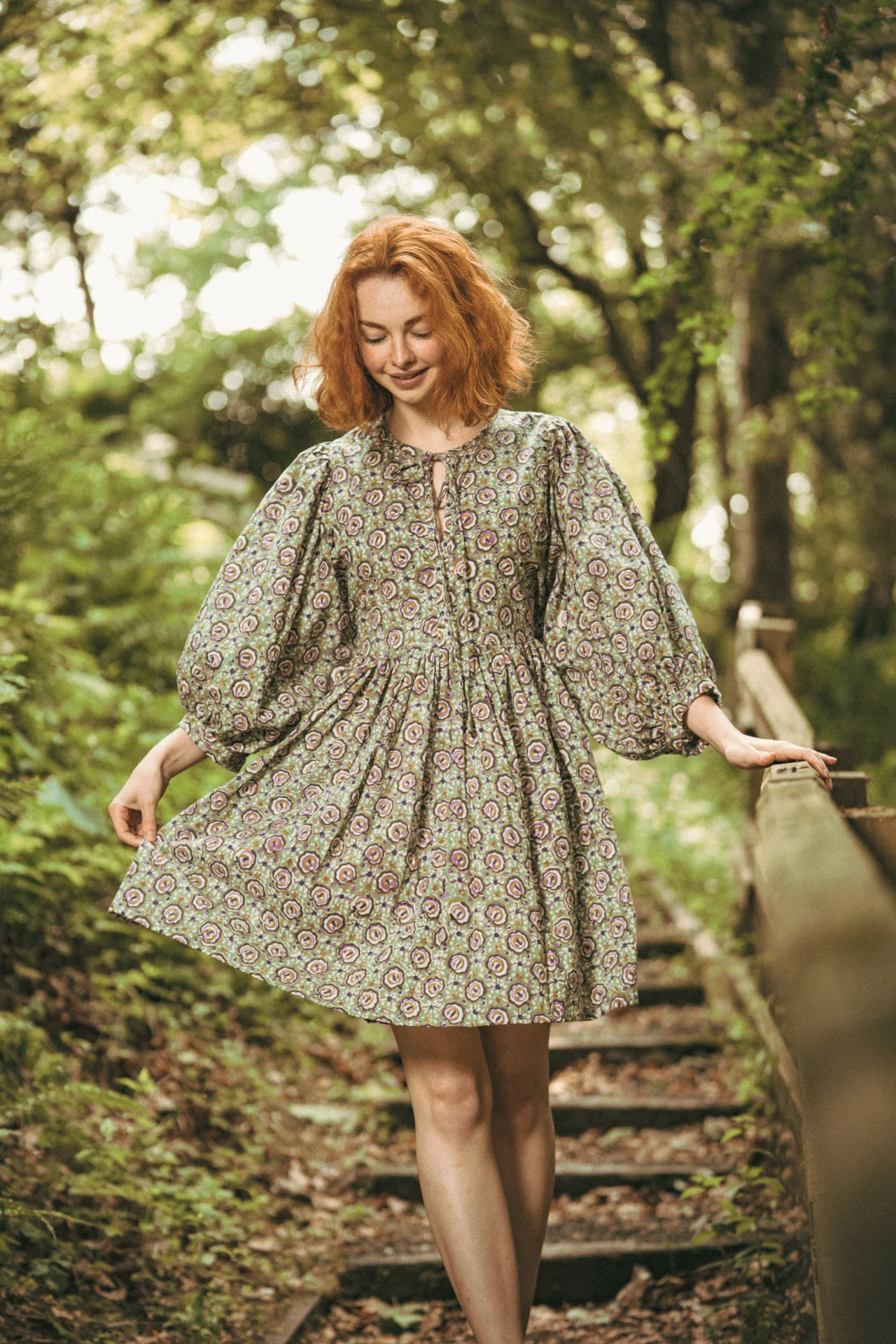 Laura Green Floral Block Printed Short Boho Dress - Image 5
