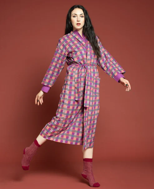 Les Touristes Checky Bright Coral Dressing Gown - Image 3