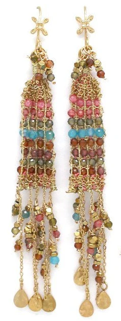 Long Crochet Earrings with Woven Stones & Fringe