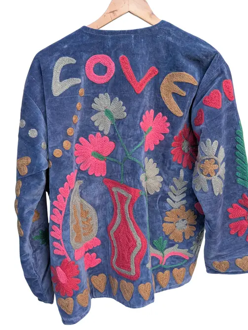 Love Periwinkle Blue Velvet Suzani Kimono Embroidered Jacket