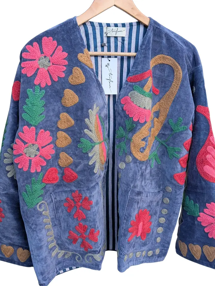 Love Periwinkle Blue Velvet Suzani Kimono Embroidered Jacket - Image 2