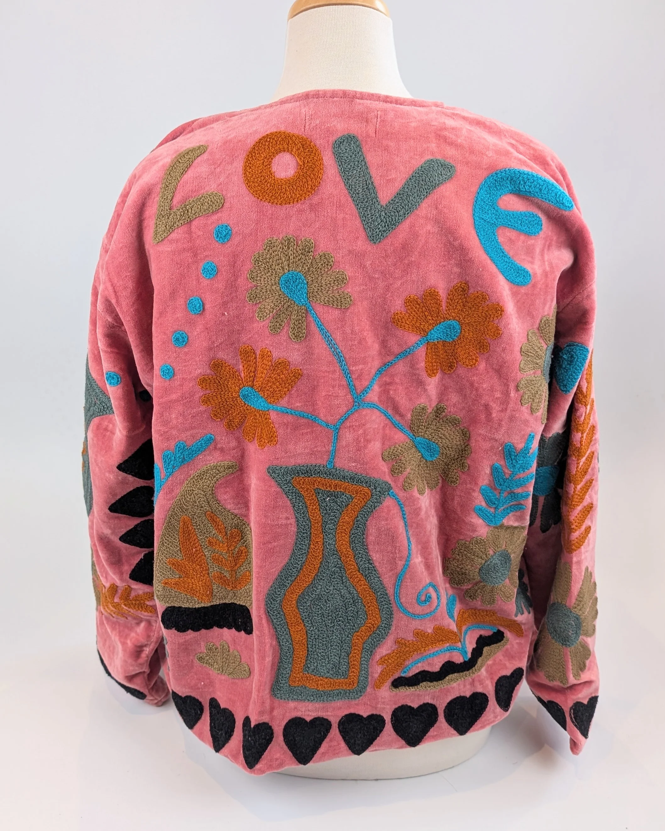 Love Rose Pink Velvet Suzani Kimono Embroidered Boho Jacket