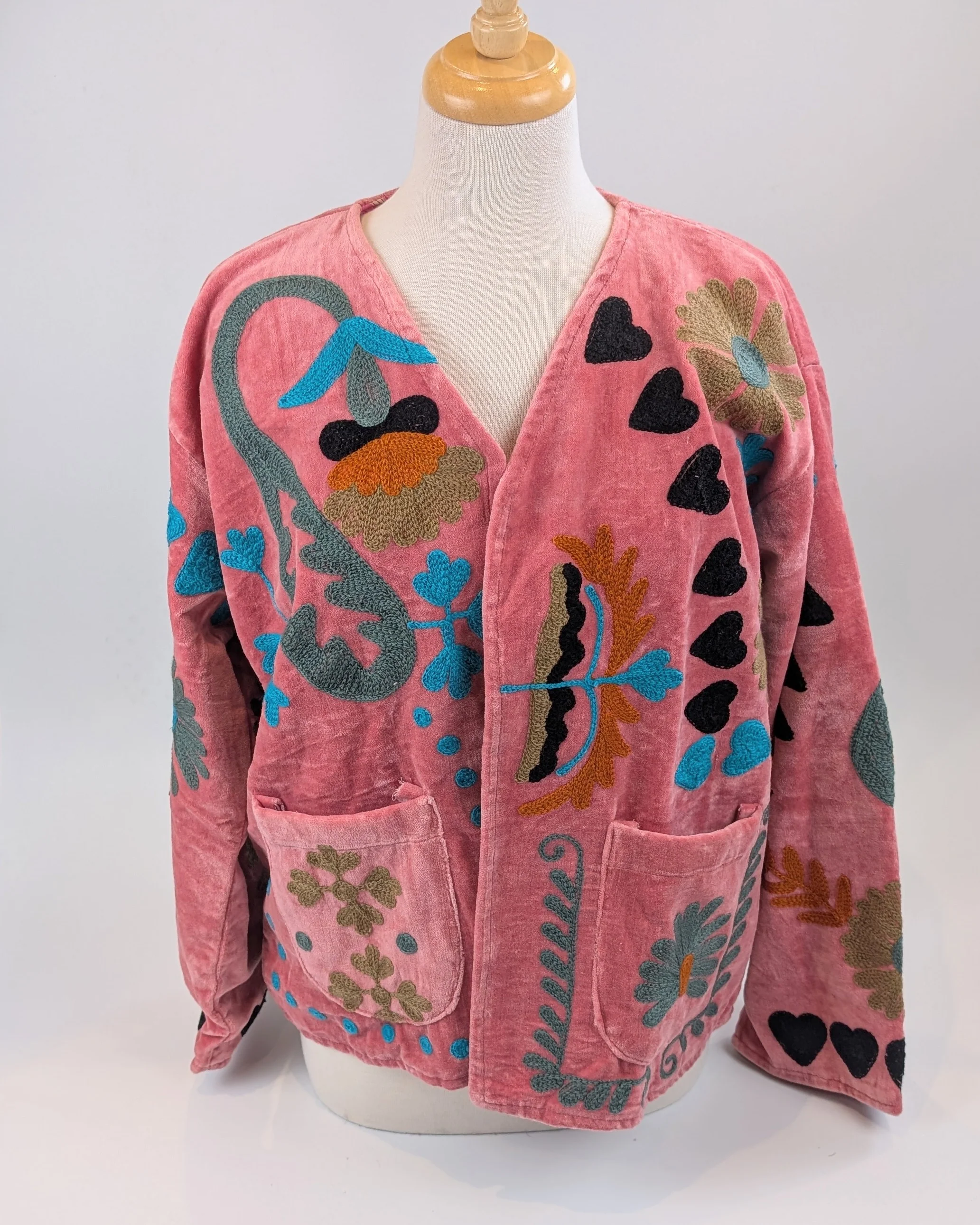 Love Rose Pink Velvet Suzani Kimono Embroidered Boho Jacket - Image 2