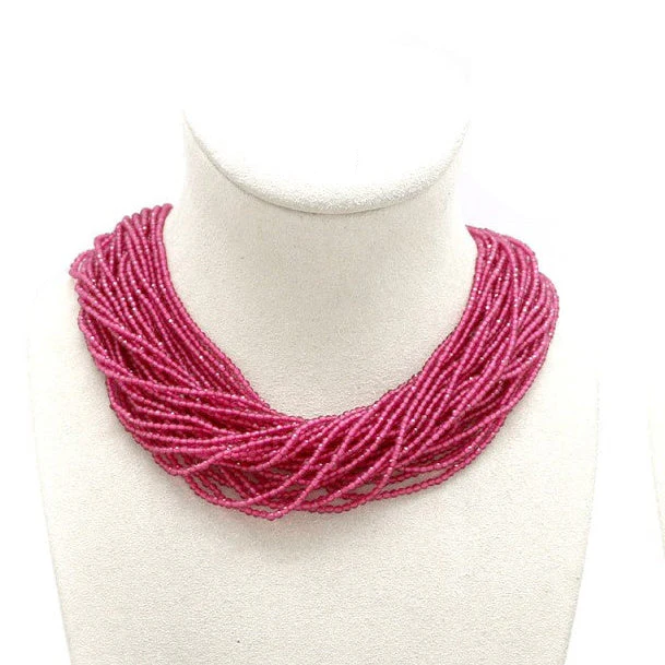 Multi Strand Glass Beaded Necklace Fuchsia