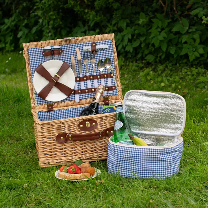 Natural Wicker 2-Person Picnic Basket Blue Gingham Lining - Image 3