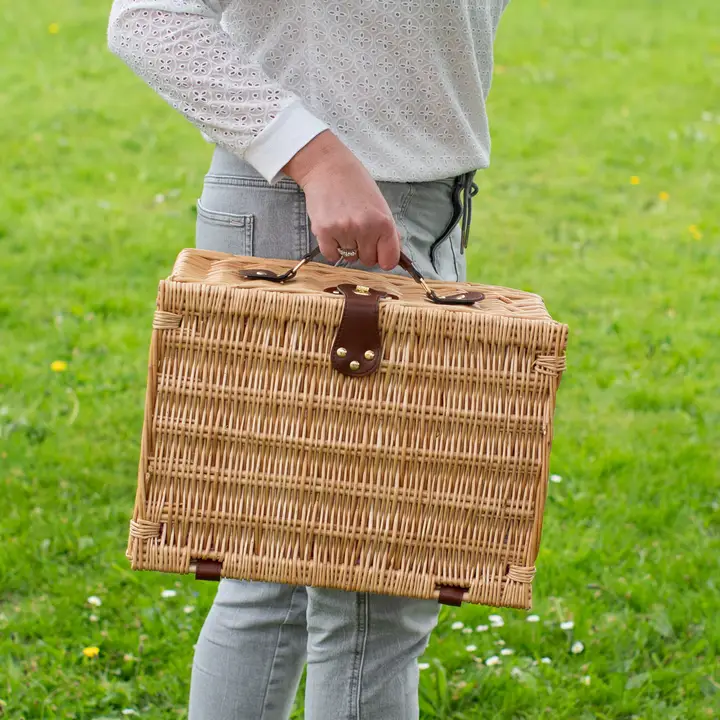 Natural Wicker 2-Person Picnic Basket Blue Gingham Lining - Image 4