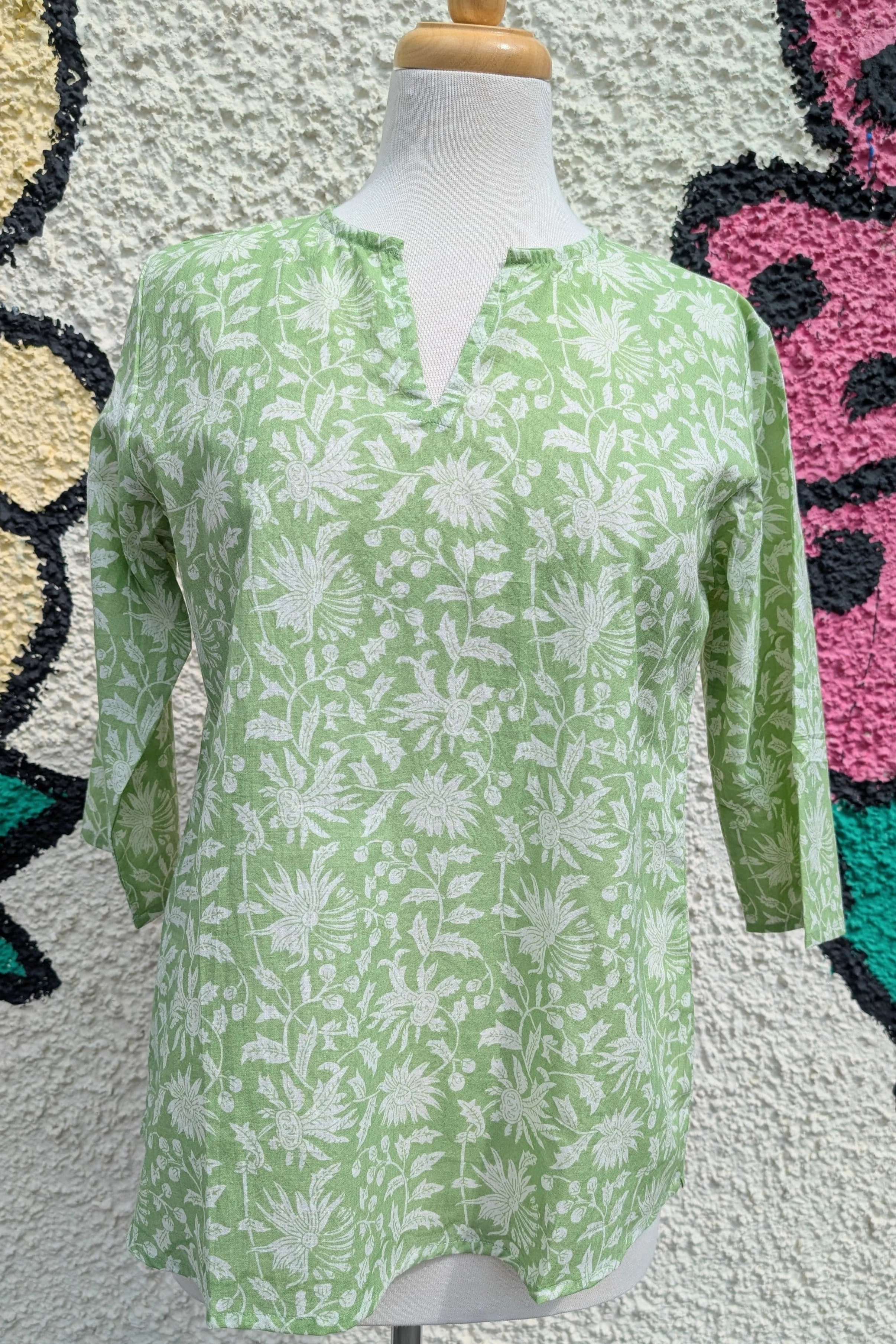 Marianne Pale Green Floral Block Print Cotton Blouse