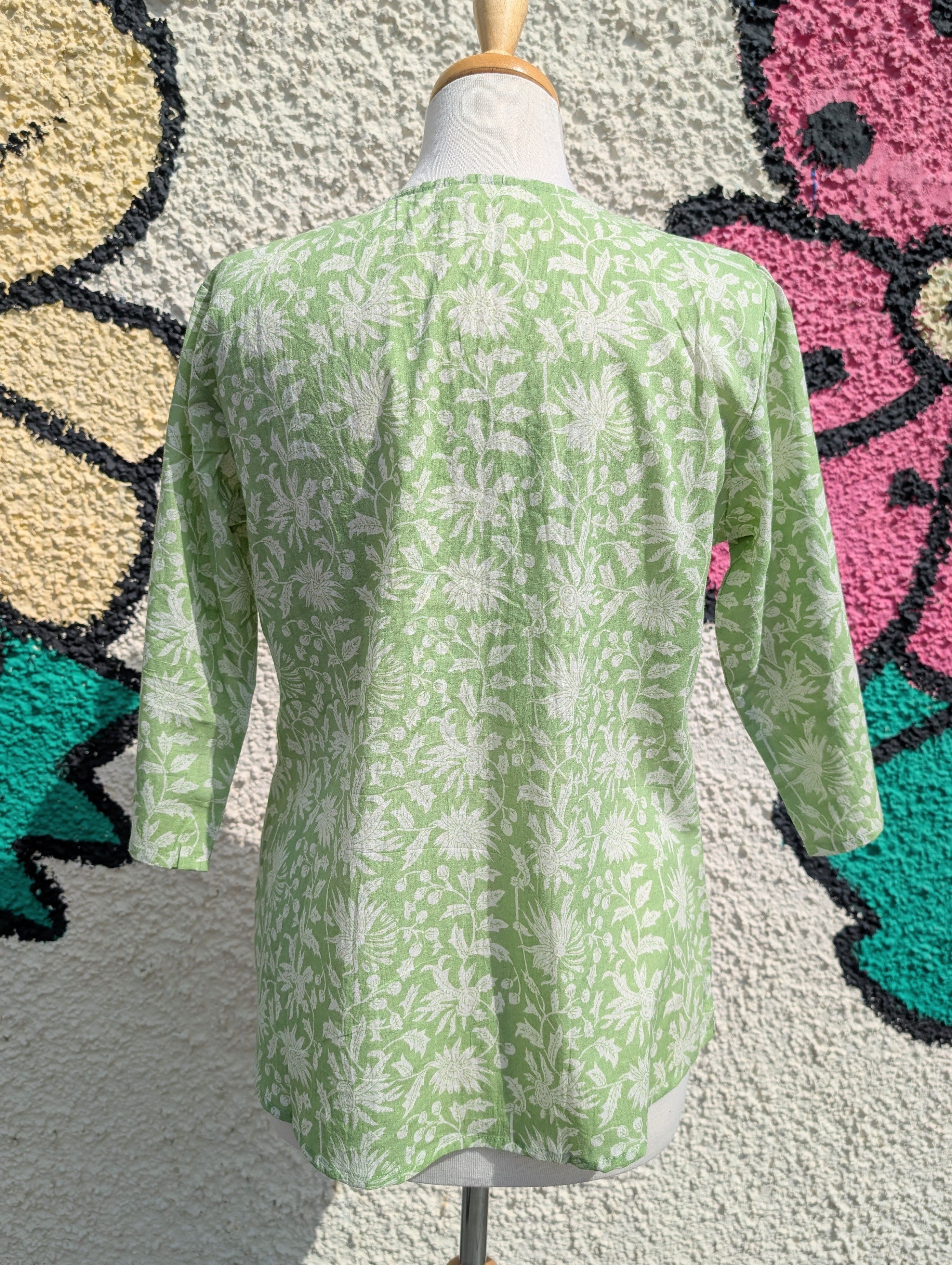 Marianne Pale Green Floral Block Print Cotton Blouse - Image 3