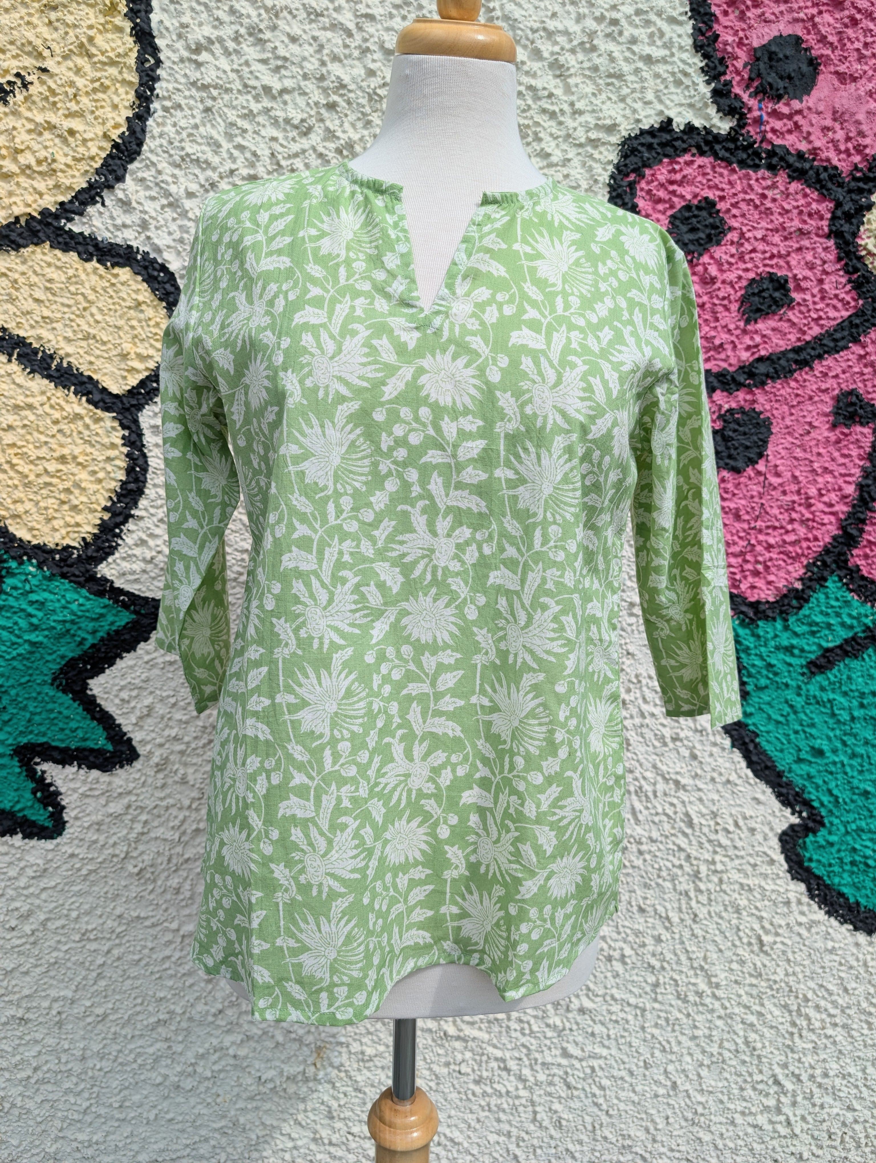 Marianne Pale Green Floral Block Print Cotton Blouse - Image 4