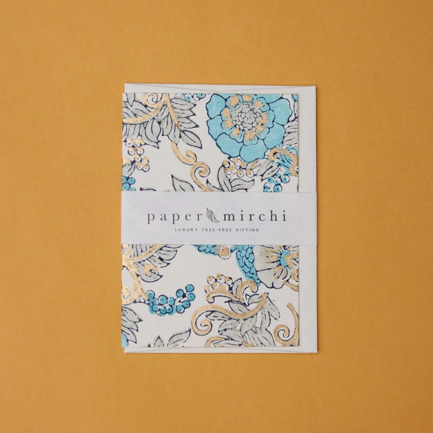 Paper Mirchi Block Printed Card Wild Rose Blue Opal - Image 3