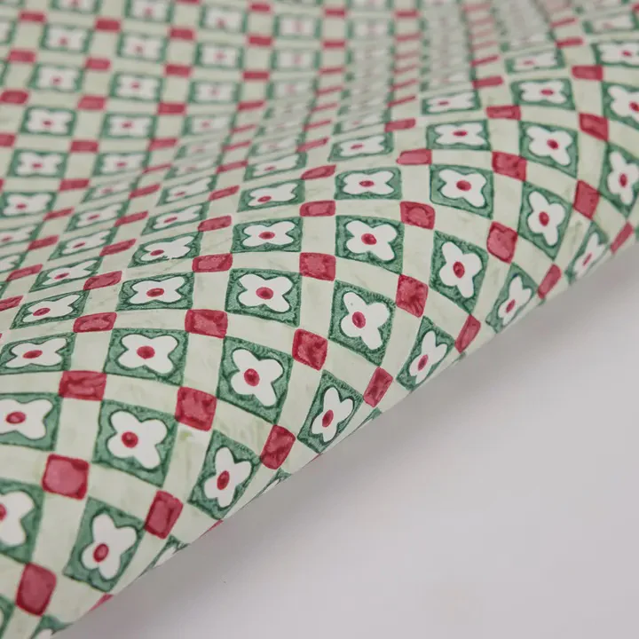 Paper Mirchi Block Printed Wrapping Paper Floral Checks Sage