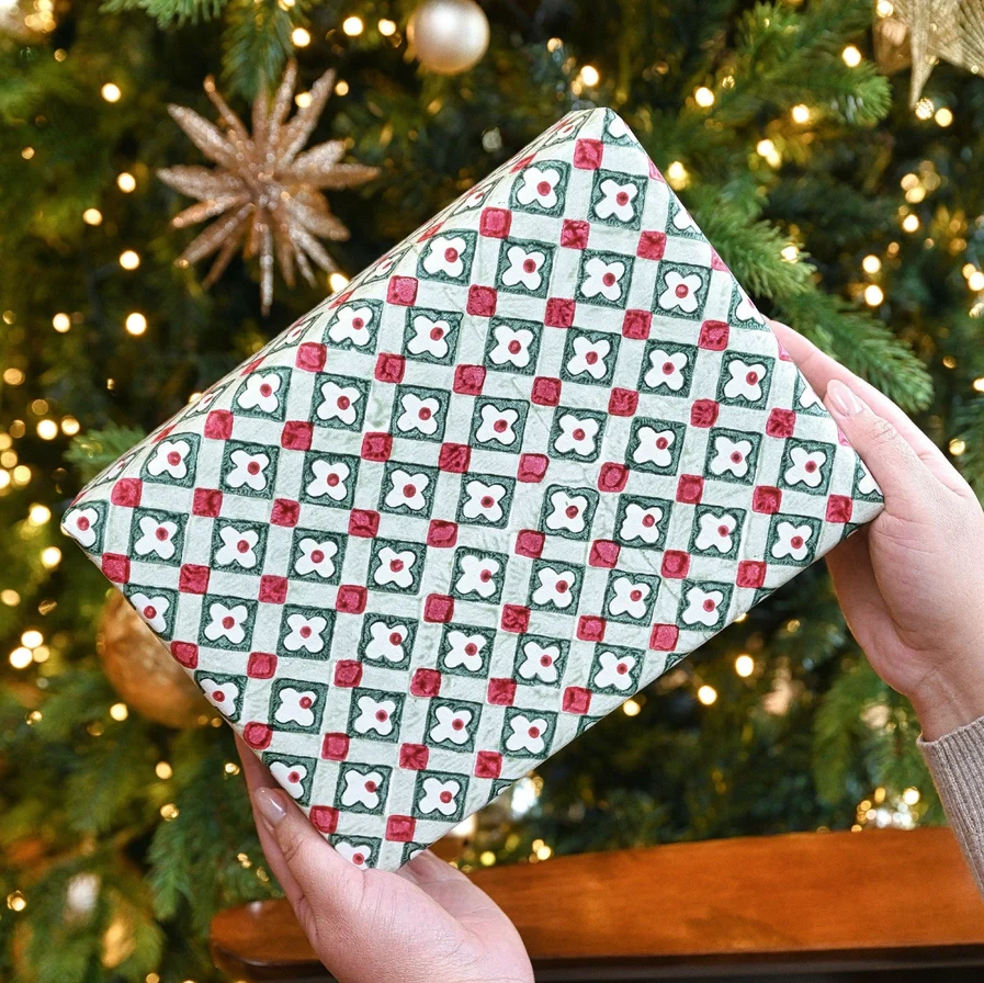 Paper Mirchi Block Printed Wrapping Paper Floral Checks Sage - Image 2