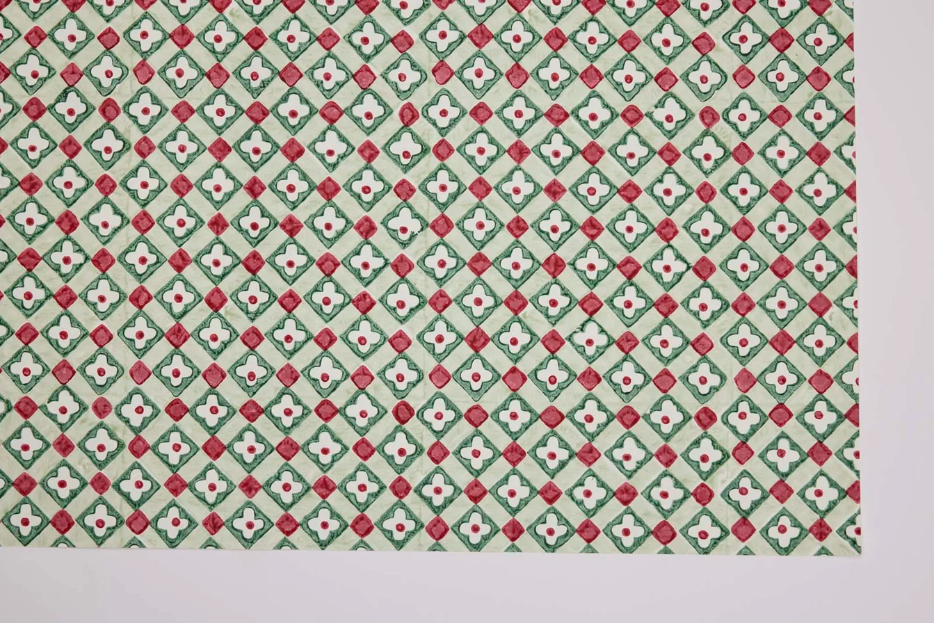 Paper Mirchi Block Printed Wrapping Paper Floral Checks Sage - Image 3