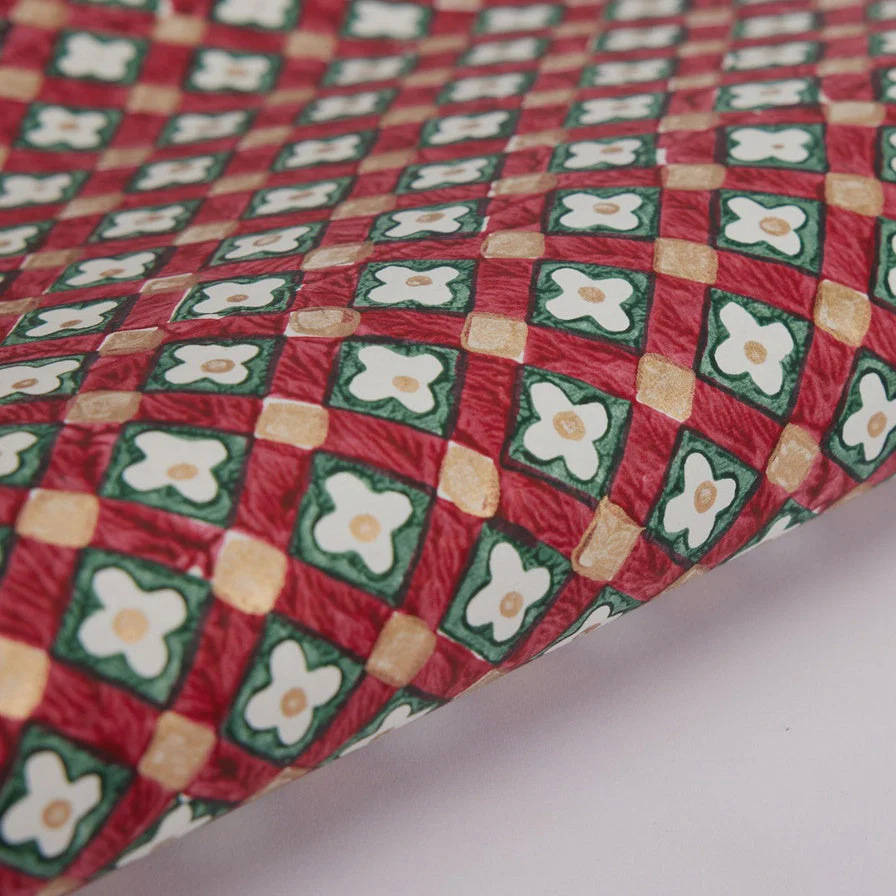 Paper Mirchi Block Printed Wrapping Paper Floral Checks Scarlet
