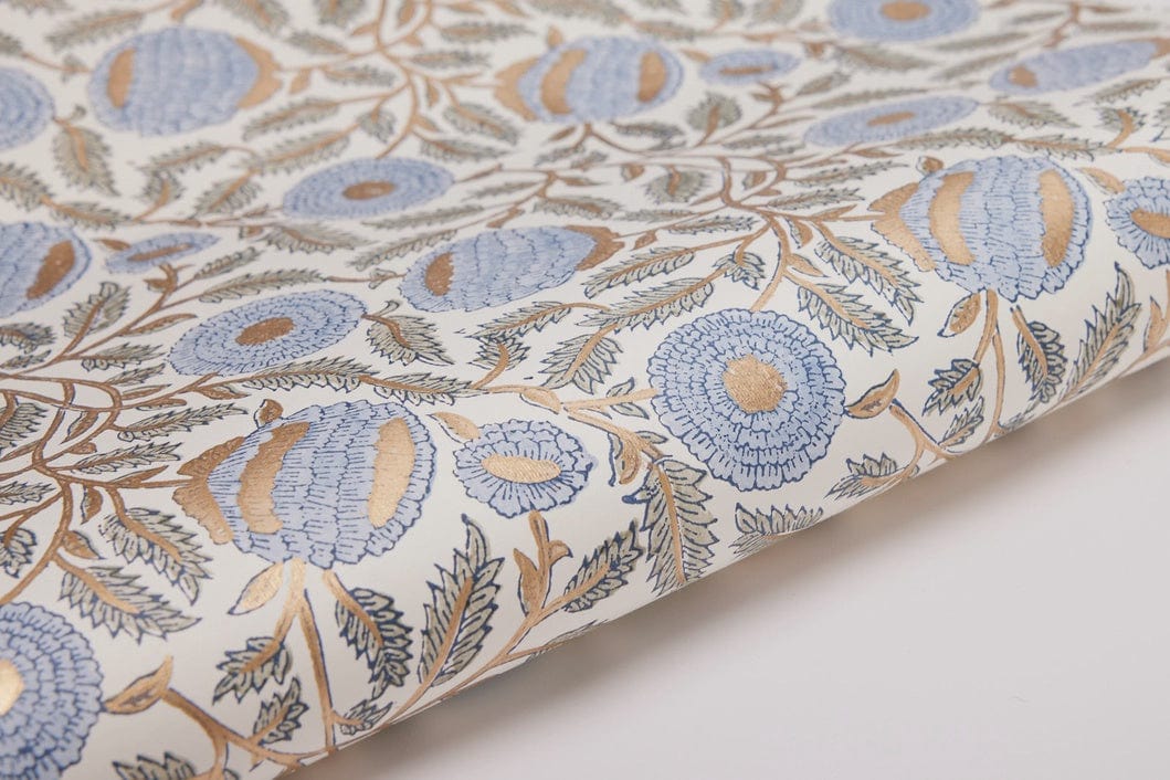 Paper Mirchi Block Printed Wrapping Paper Marigold Glitz Bluestone