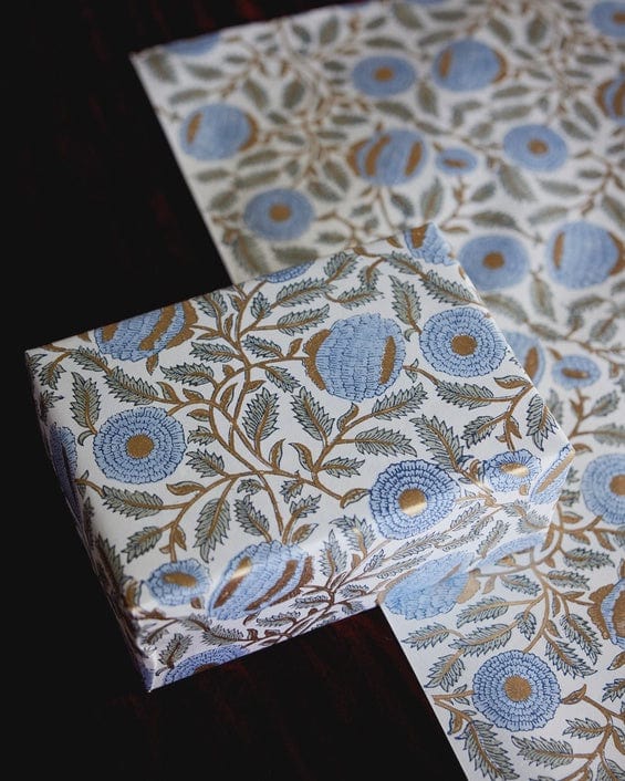 Paper Mirchi Block Printed Wrapping Paper Marigold Glitz Bluestone - Image 2