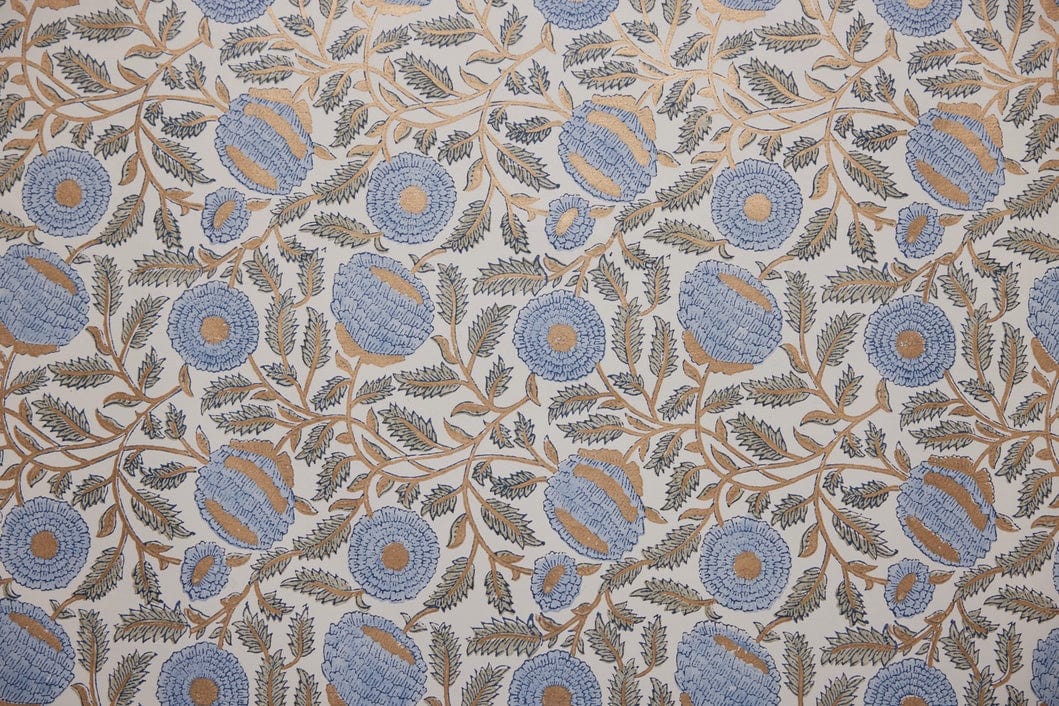 Paper Mirchi Block Printed Wrapping Paper Marigold Glitz Bluestone - Image 3