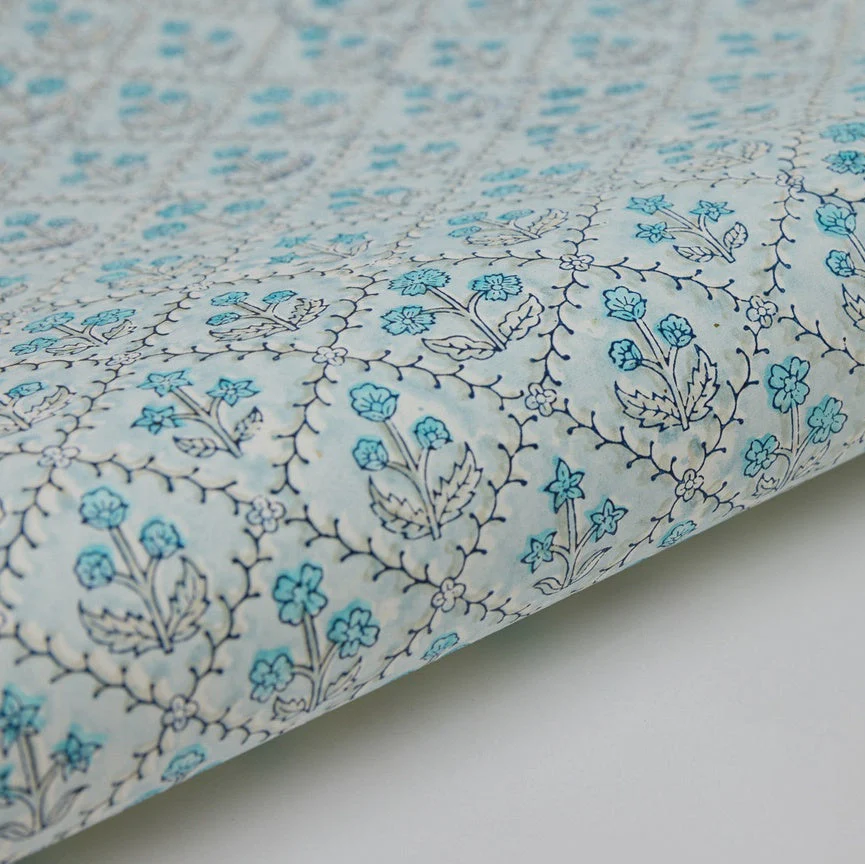Paper Mirchi Block Printed Wrapping Paper Sheets Bp Floral Lattice Blue Opal