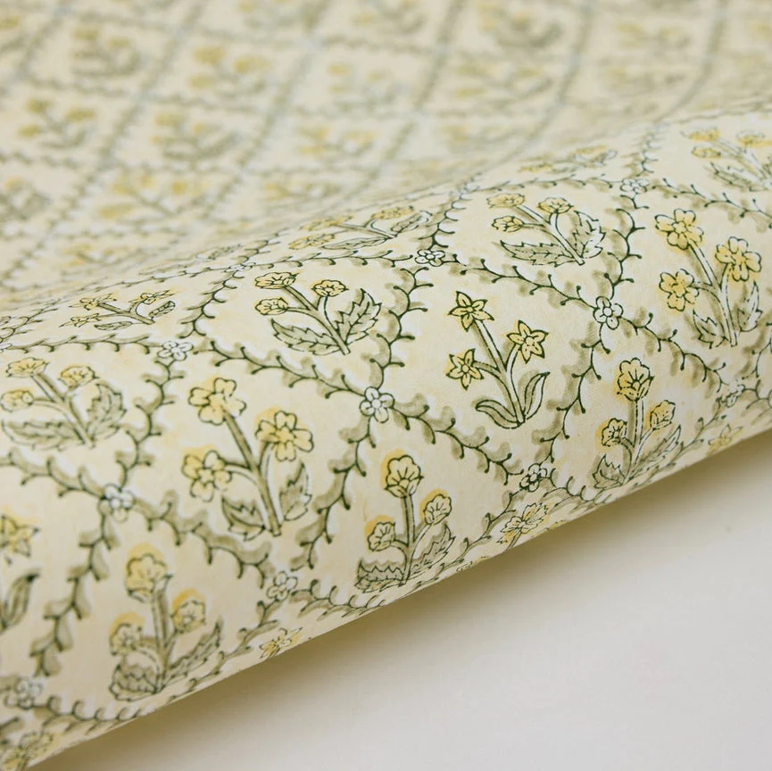 Paper Mirchi Block Printed Wrapping Paper Sheets Bp Floral Lattice Buttercream