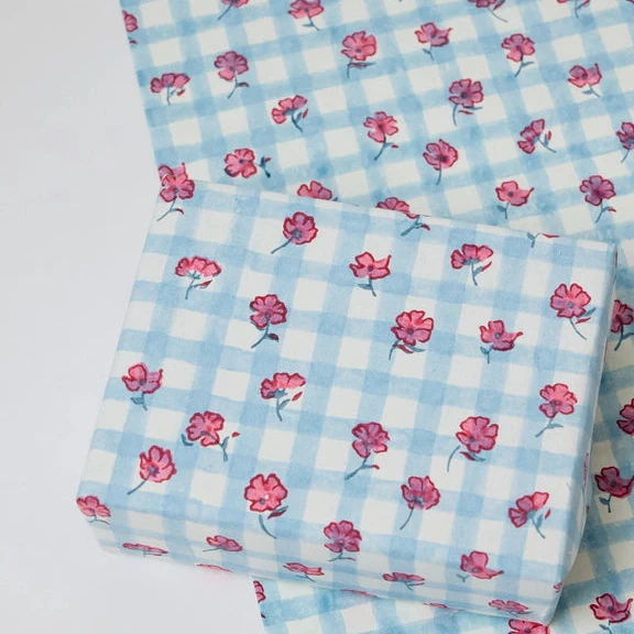 Paper Mirchi Block Printed Wrapping Paper Sheets Bp Gingham Pink Sorbet - Image 2